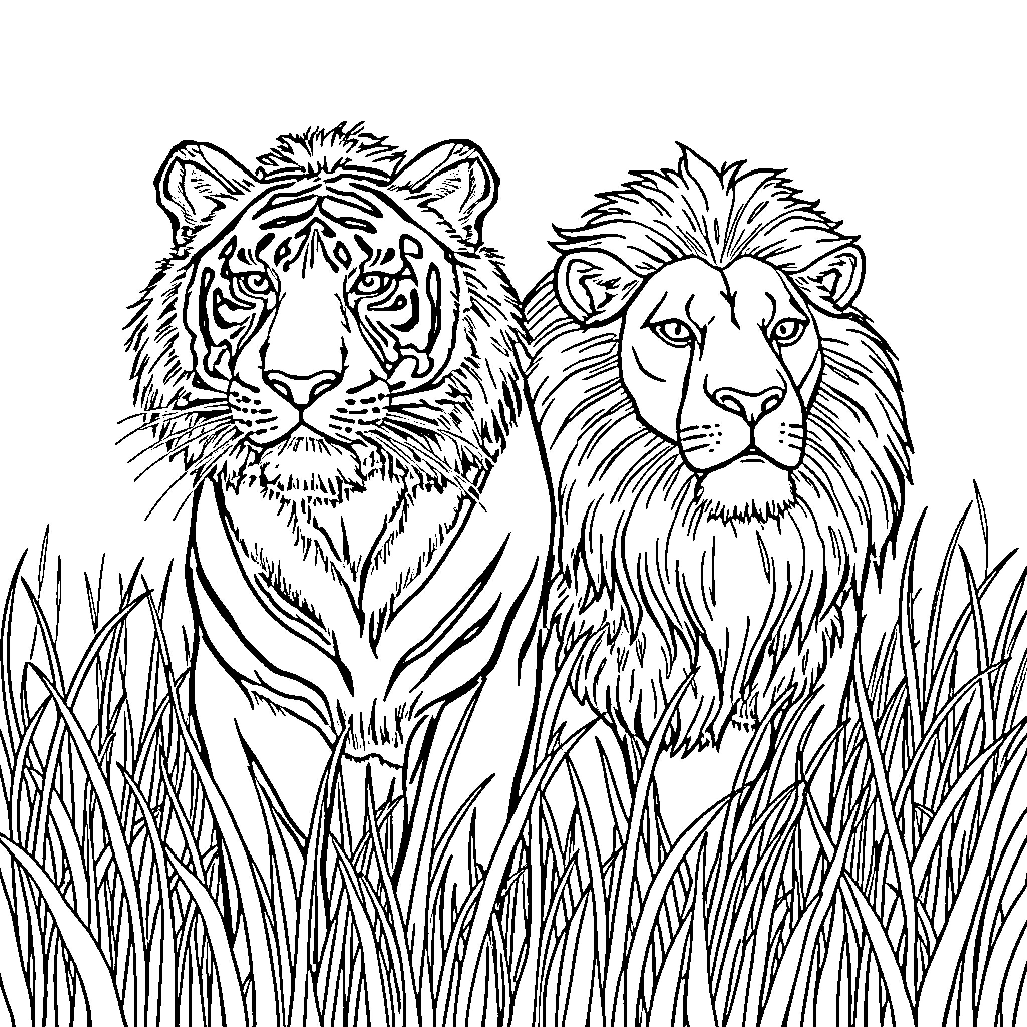Tiger and Lion Resting in the Wilderness Coloring Page (free black-and-white line drawing printable PDF for all, from beginners to advanced learners, including children, teens, adults, and seniors)