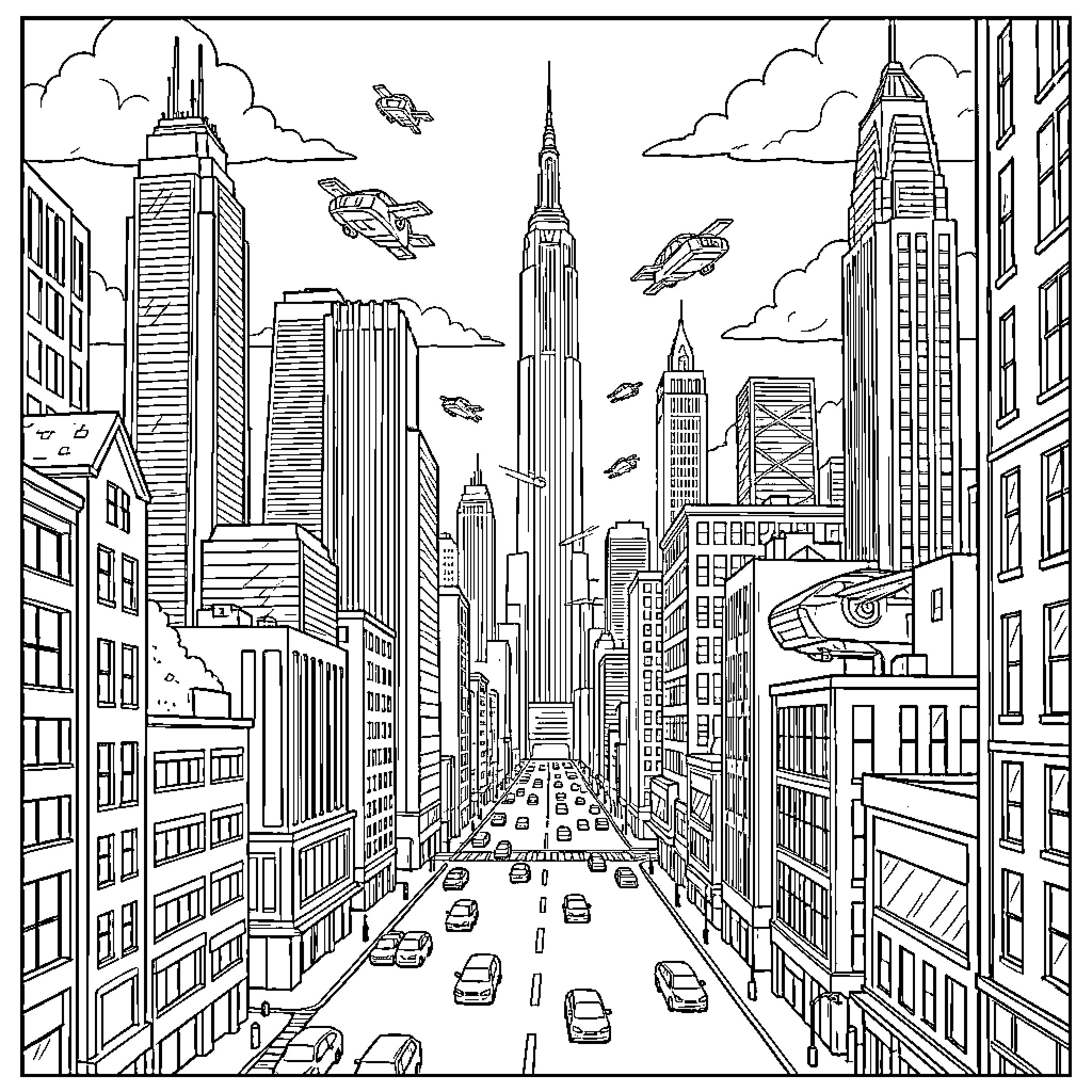 New York City skyline with flying vehicles over streets Coloring Page (free black-and-white line drawing printable PDF for all, from beginners to advanced learners, including children, teens, adults, and seniors)