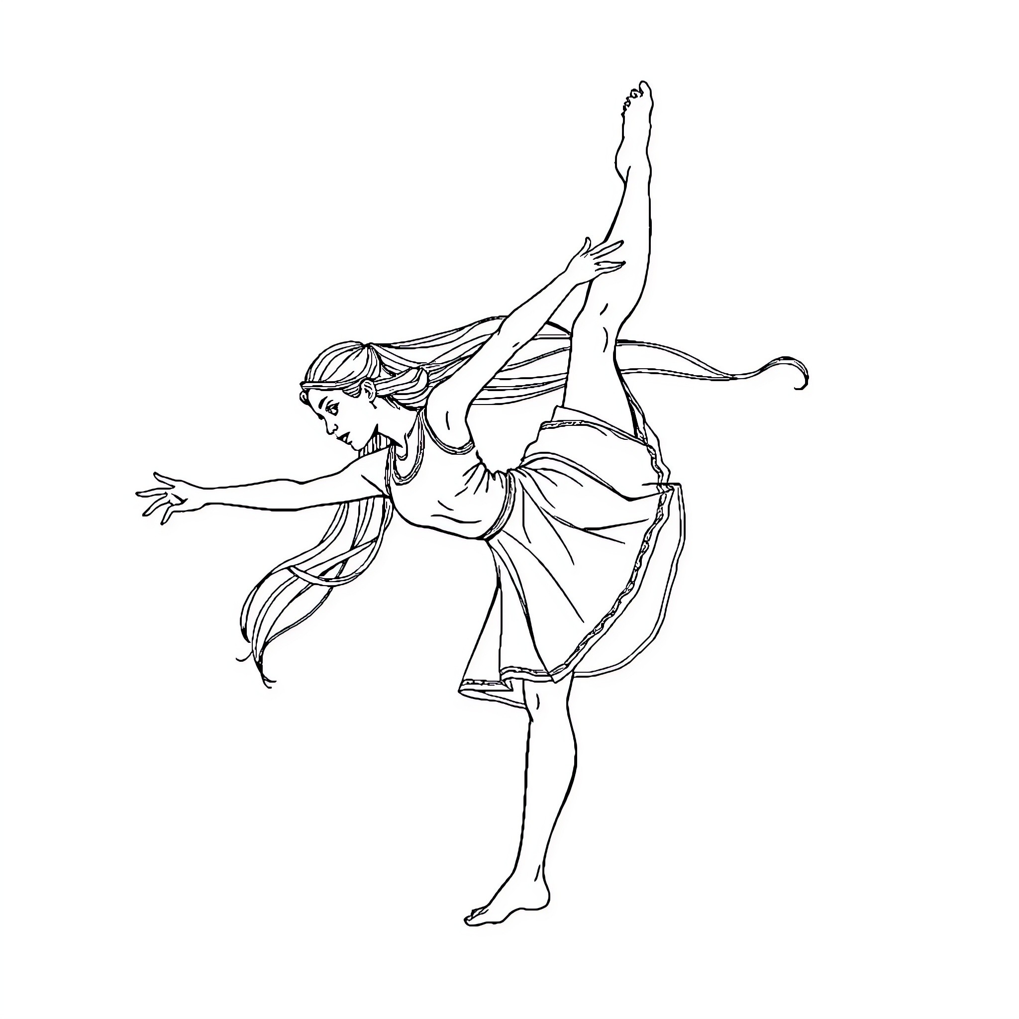 Teenage Girl Gracefully Dancing in Flowing Dress Coloring Page (free black-and-white line drawing printable PDF for all, from beginners to advanced learners, including children, teens, adults, and seniors)