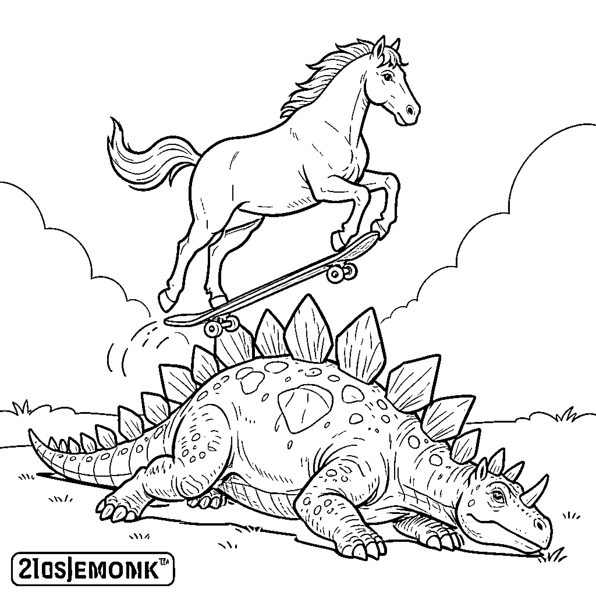 Horse riding a skateboard on a dinosaur's back Coloring Page (free black-and-white line drawing printable PDF for all, from beginners to advanced learners, including children, teens, adults, and seniors)