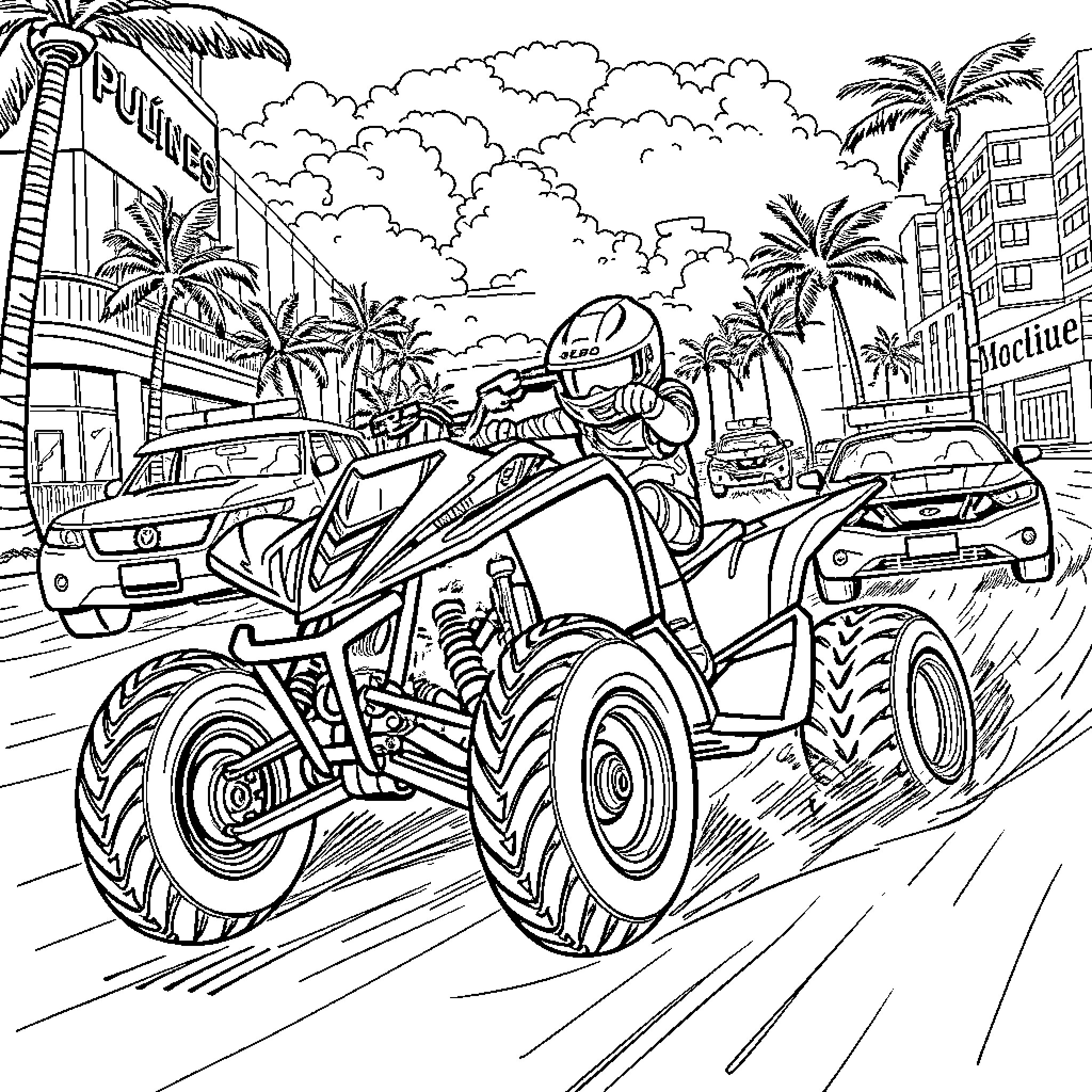 Quad Riding Adventure in Tropical Paradise Coloring Page (free black-and-white line drawing printable PDF for all, from beginners to advanced learners, including children, teens, adults, and seniors)