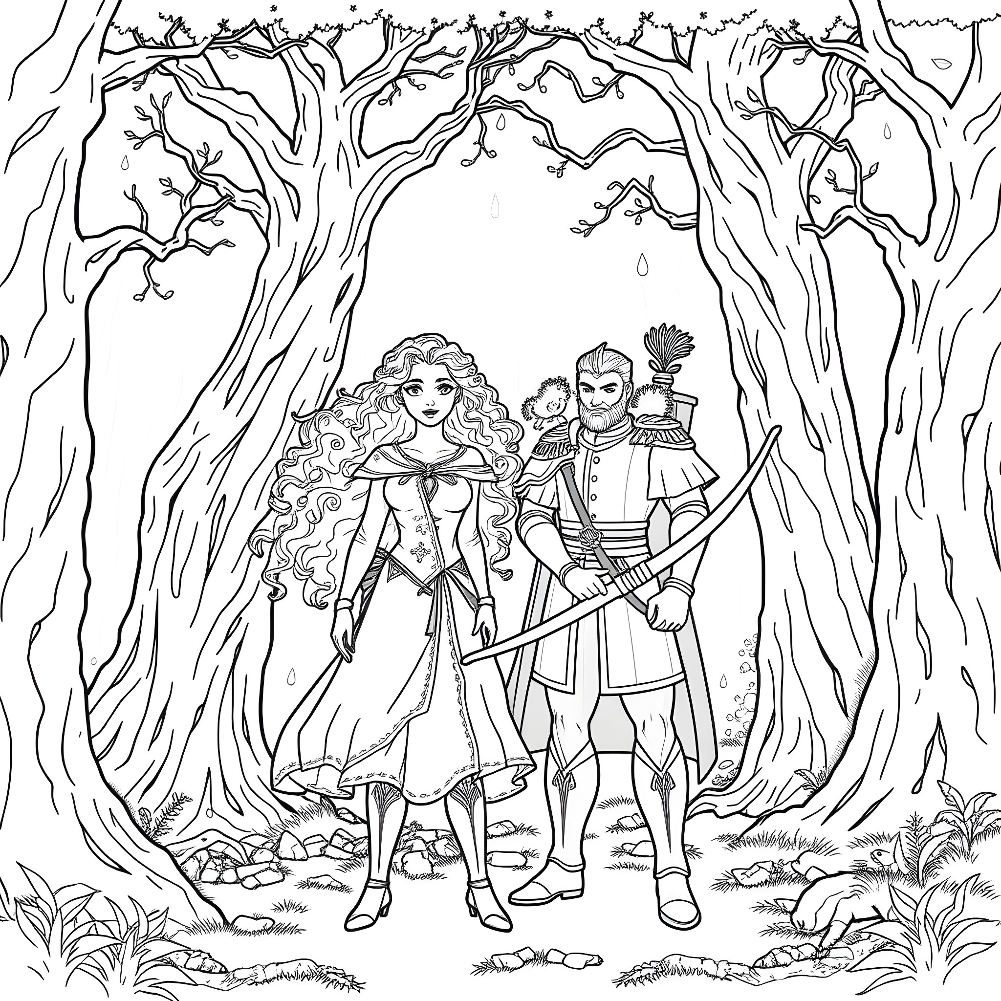 Merida and her companion in the enchanted forest Coloring Page (free black-and-white line drawing printable PDF for all, from beginners to advanced learners, including children, teens, adults, and seniors)
