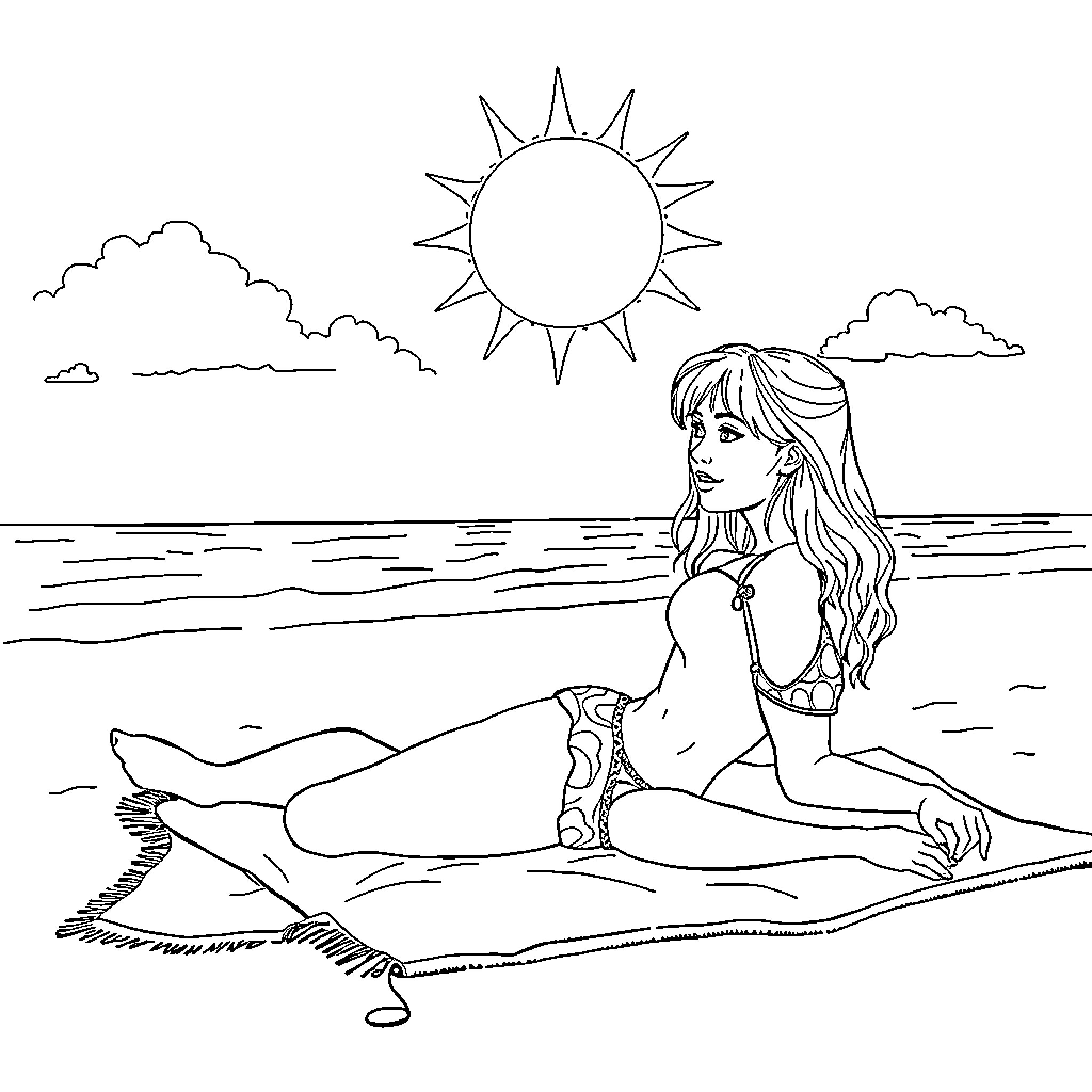 Girl relaxing on the beach in the sun Coloring Page (free black-and-white line drawing printable PDF for all, from beginners to advanced learners, including children, teens, adults, and seniors)