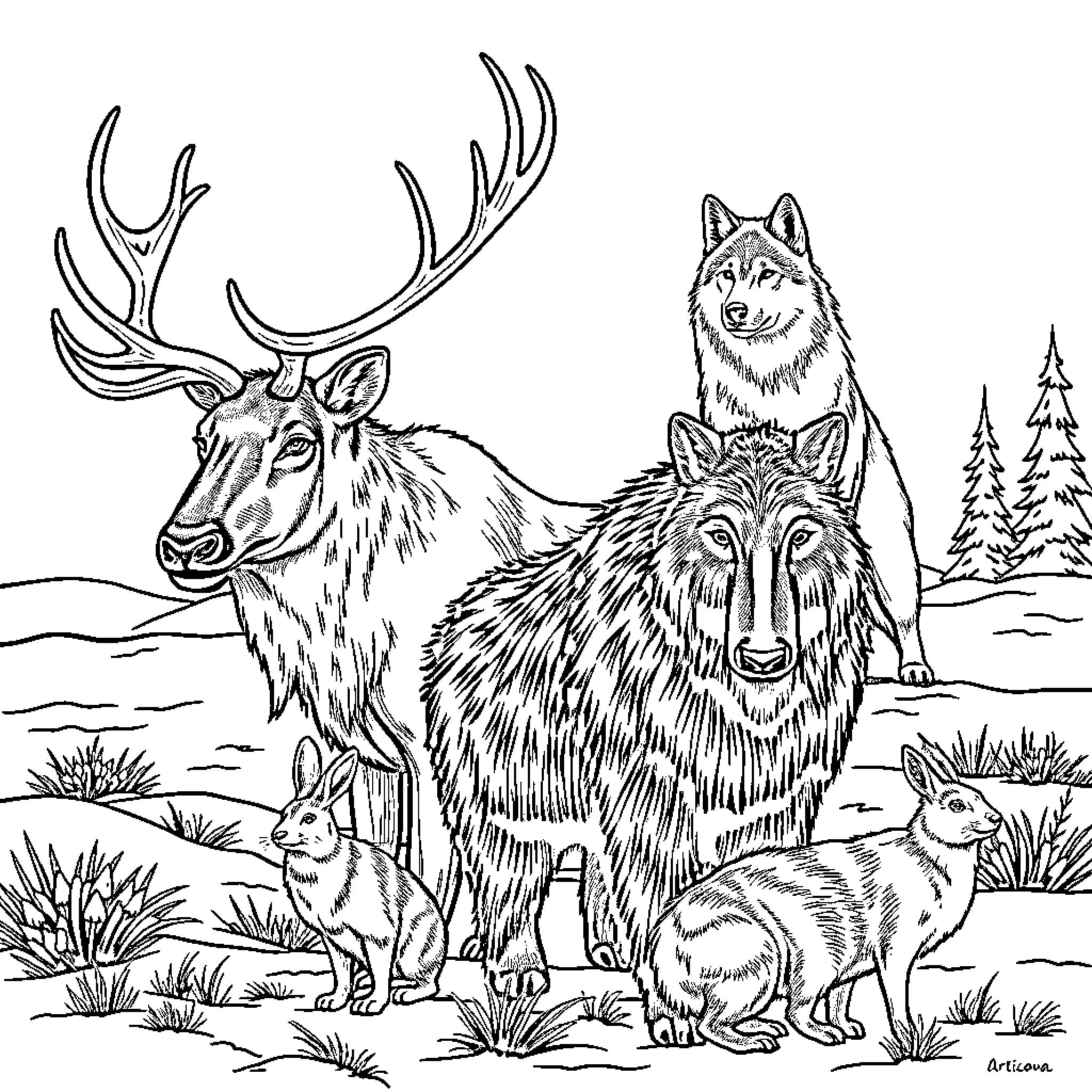 Wolf Family in Winter Wilderness Coloring Page (free black-and-white line drawing printable PDF for all, from beginners to advanced learners, including children, teens, adults, and seniors)