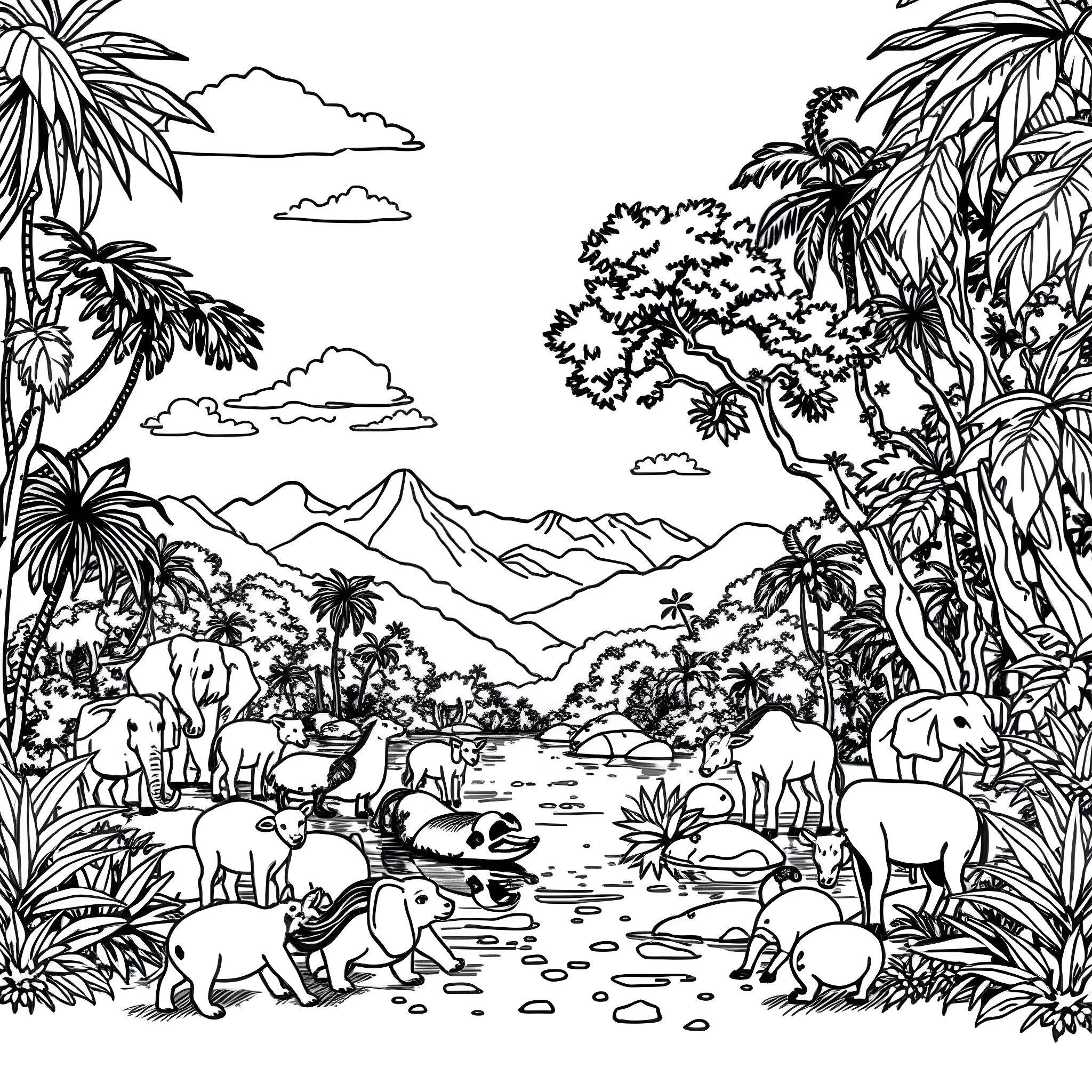 Animal scene with elephants and other wildlife in a tropical landscape Coloring Page (free black-and-white line drawing printable PDF for all, from beginners to advanced learners, including children, teens, adults, and seniors)