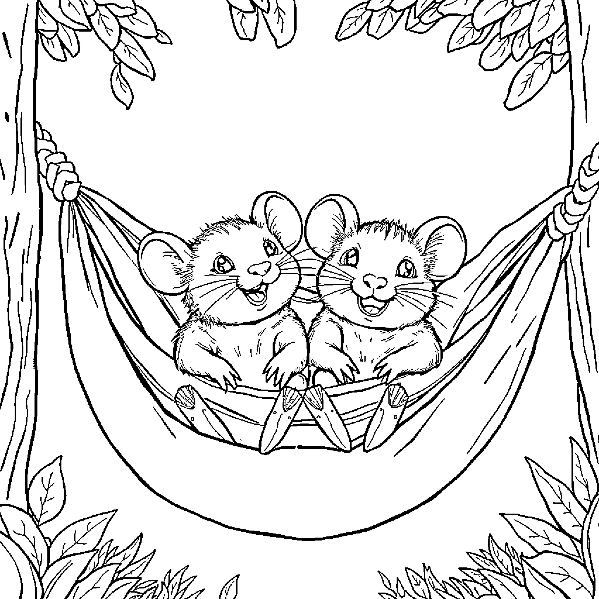 Rat siblings swinging in a hammock Coloring Page (free black-and-white line drawing printable PDF for all, from beginners to advanced learners, including children, teens, adults, and seniors)