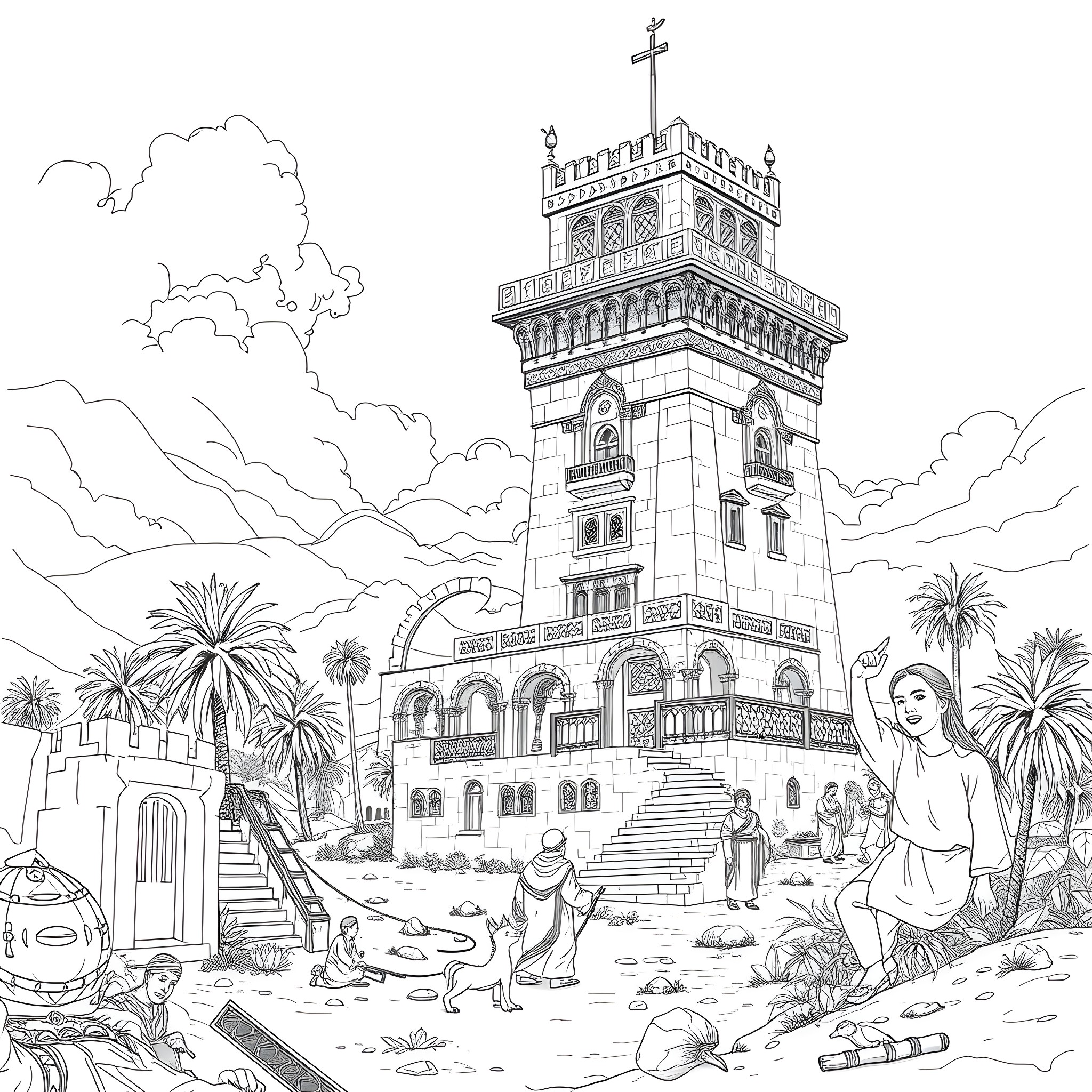 Al-Mada'in Tower: Intricate Architecture and Lively Scenes Coloring Page (free black-and-white line drawing printable PDF for all, from beginners to advanced learners, including children, teens, adults, and seniors)