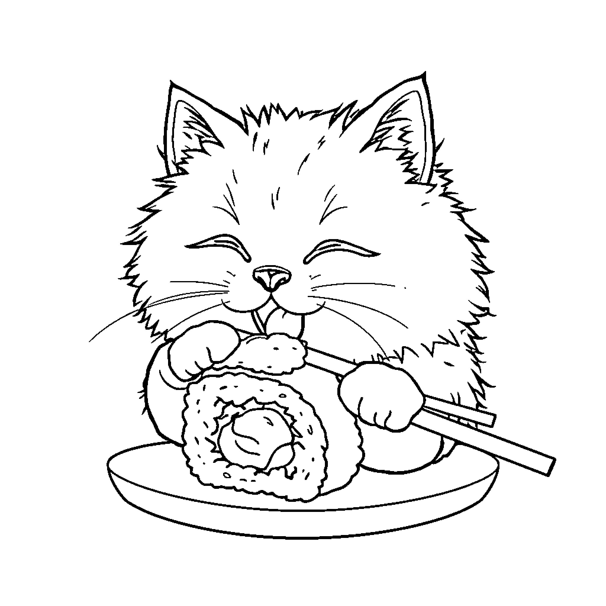 Cat enjoying sushi on a plate Coloring Page (free black-and-white line drawing printable PDF for all, from beginners to advanced learners, including children, teens, adults, and seniors)