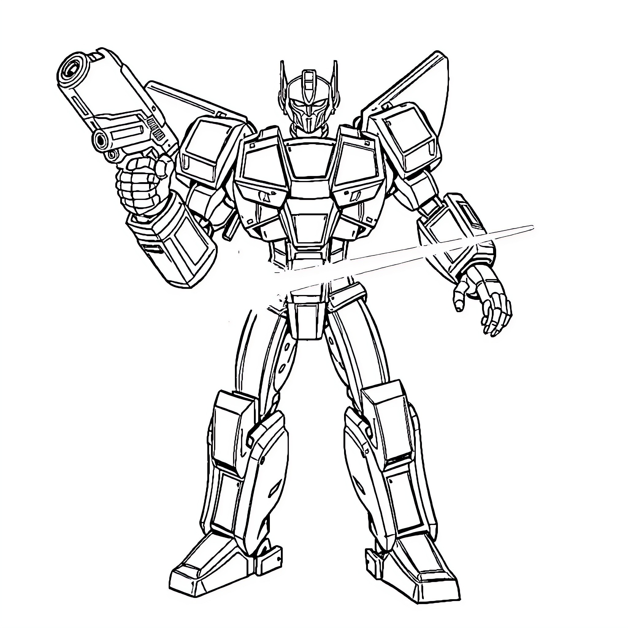 Transformer robot in combat stance Coloring Page (free black-and-white line drawing printable PDF for all, from beginners to advanced learners, including children, teens, adults, and seniors)
