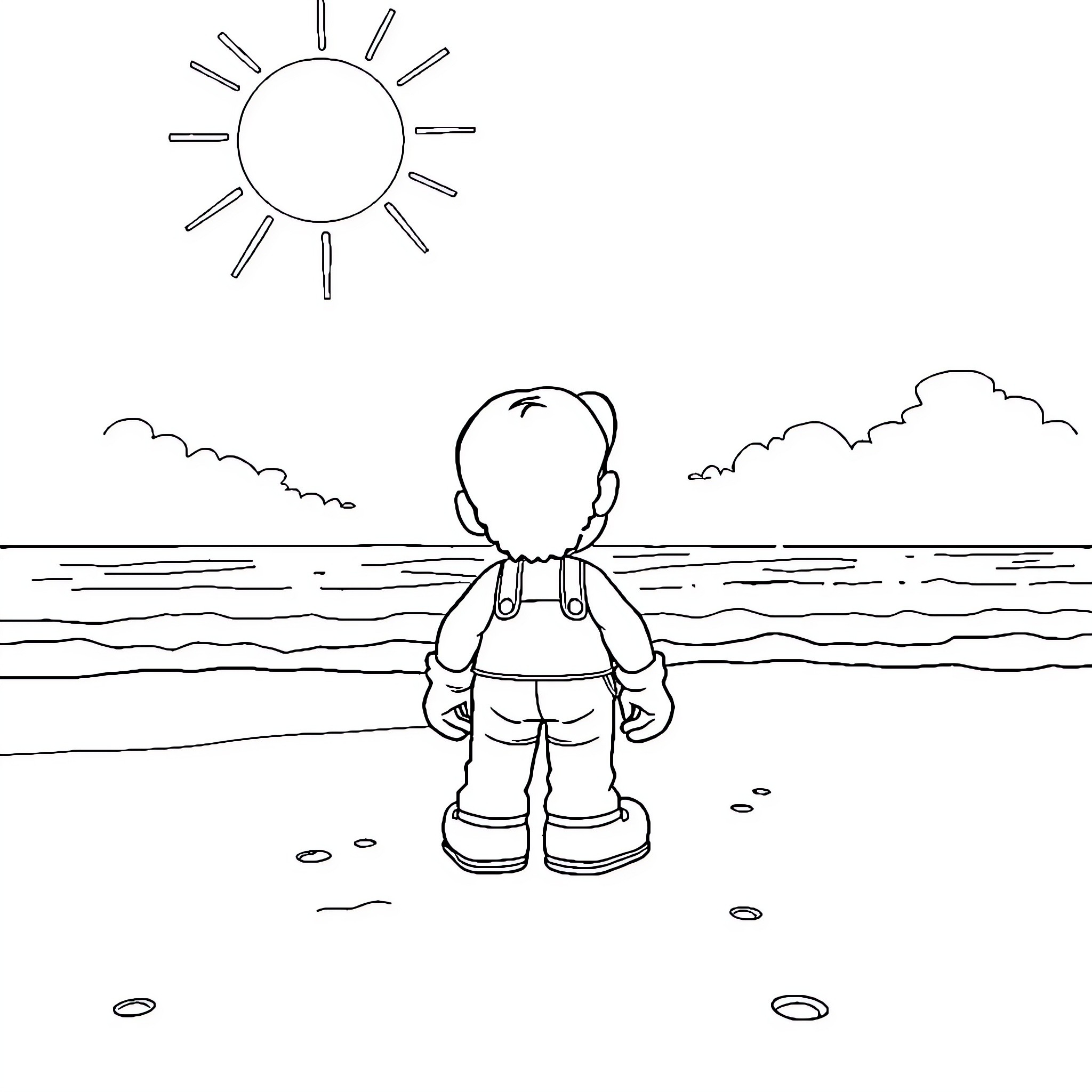Mario enjoying the sunny day at the beach Coloring Page (free black-and-white line drawing printable PDF for all, from beginners to advanced learners, including children, teens, adults, and seniors)