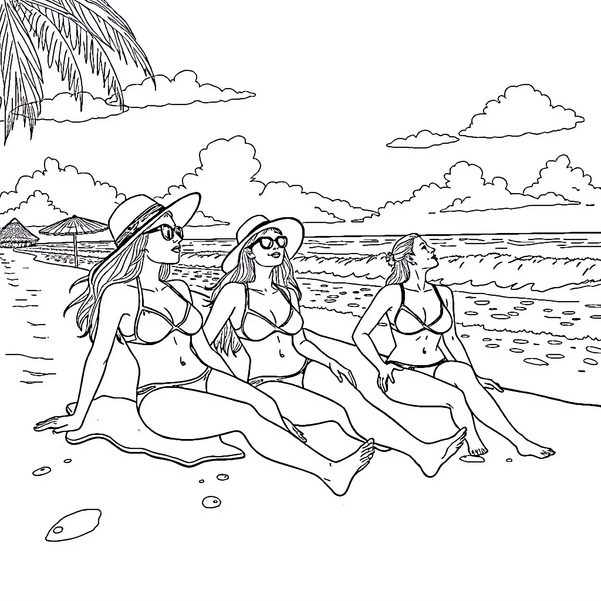 Women relaxing on the beach under palm trees Coloring Page (free black-and-white line drawing printable PDF for all, from beginners to advanced learners, including children, teens, adults, and seniors)