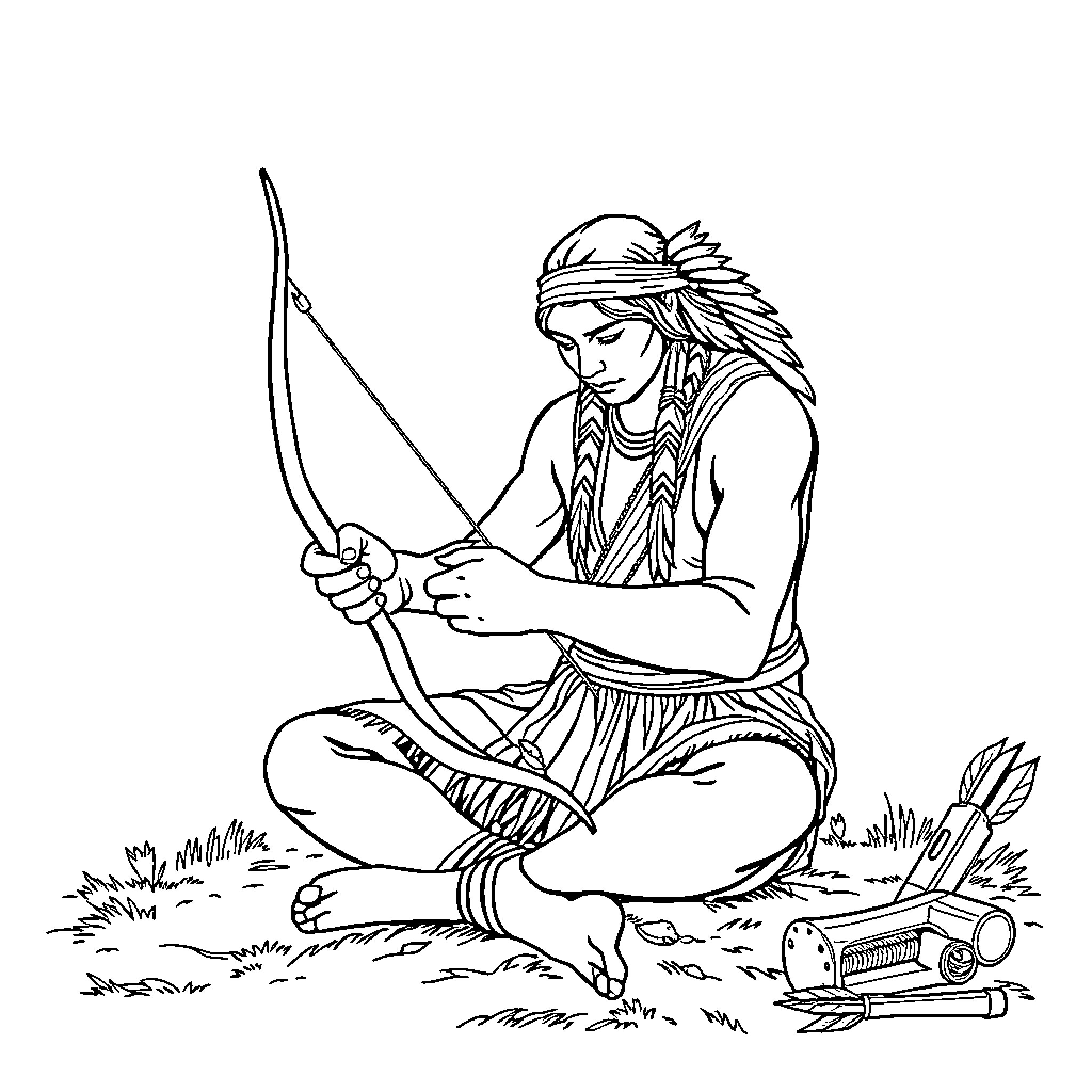 Native American man practicing archery in nature Coloring Page (free black-and-white line drawing printable PDF for all, from beginners to advanced learners, including children, teens, adults, and seniors)