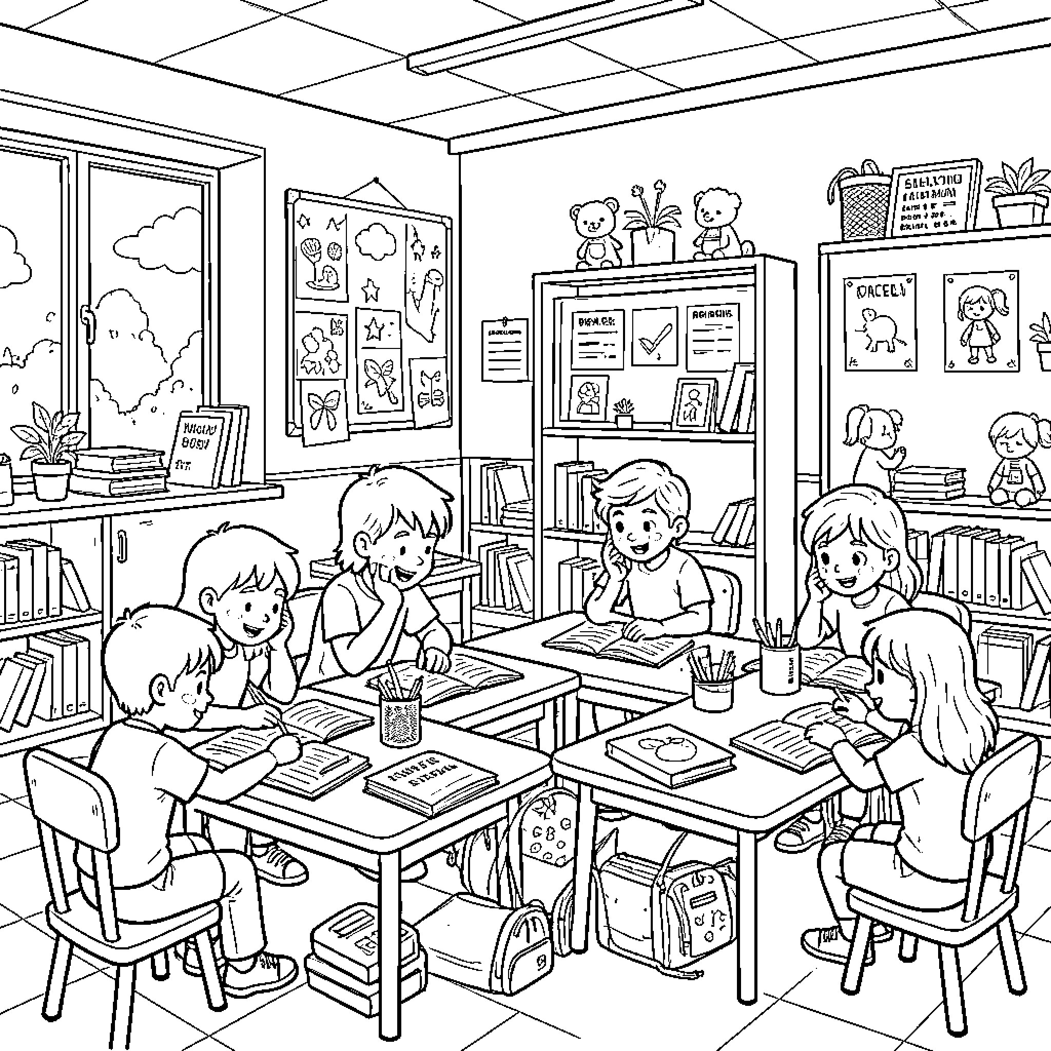 CE2 students studying together at school desks Coloring Page (free black-and-white line drawing printable PDF for all, from beginners to advanced learners, including children, teens, adults, and seniors)