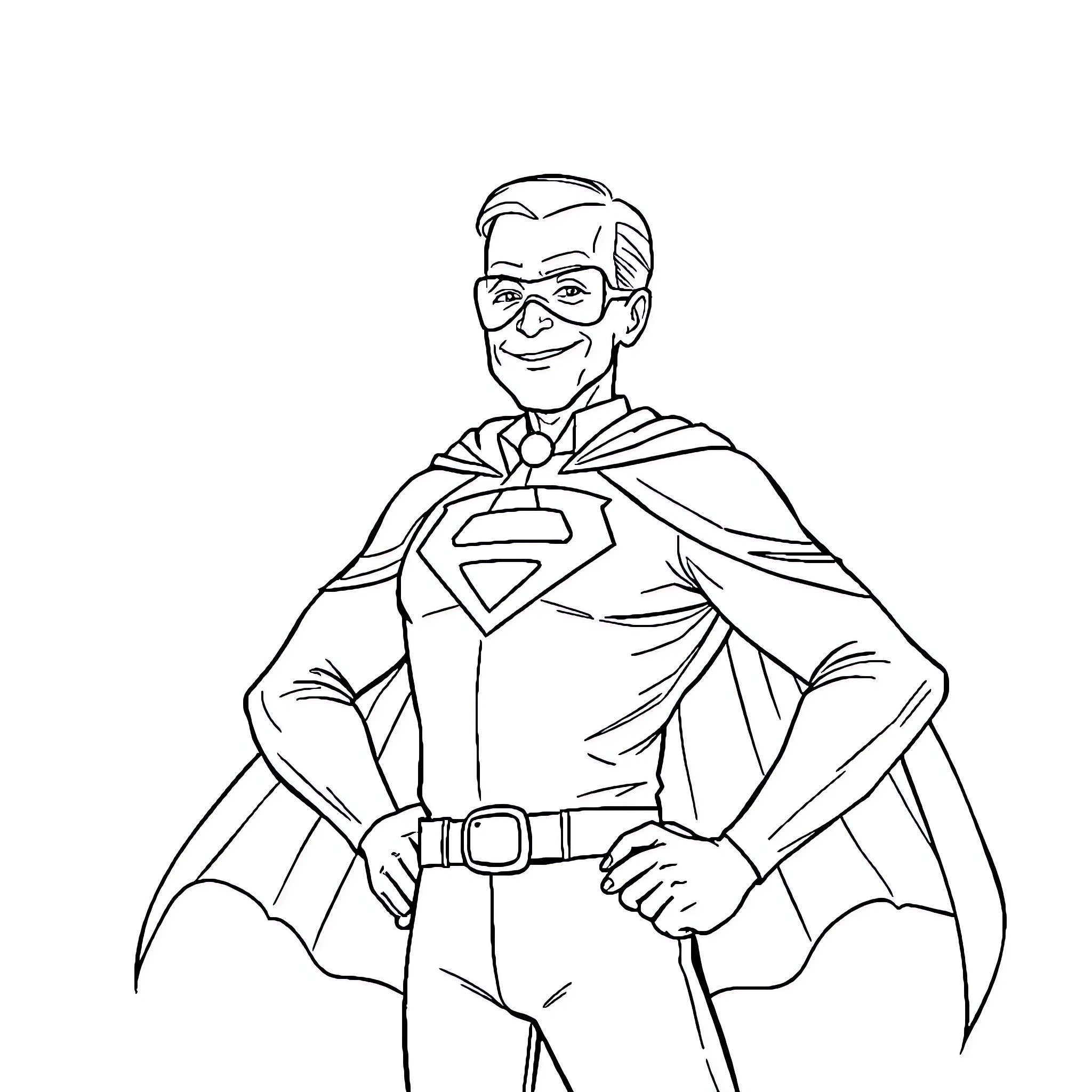 Joe Biden depicted as a superhero Coloring Page (free black-and-white line drawing printable PDF for all, from beginners to advanced learners, including children, teens, adults, and seniors)