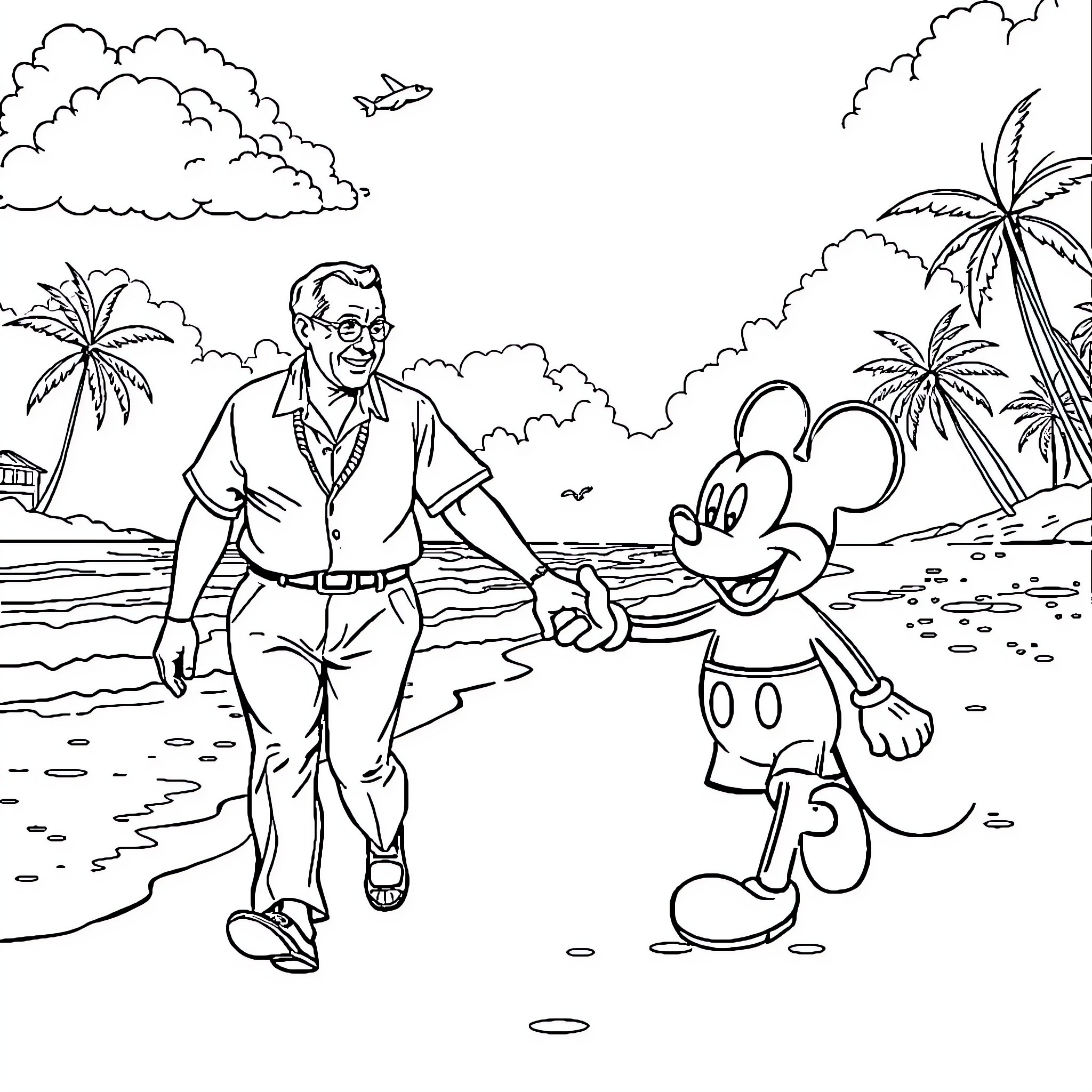 Walt Disney strolling with Mickey Mouse on a tropical beach Coloring Page (free black-and-white line drawing printable PDF for all, from beginners to advanced learners, including children, teens, adults, and seniors)