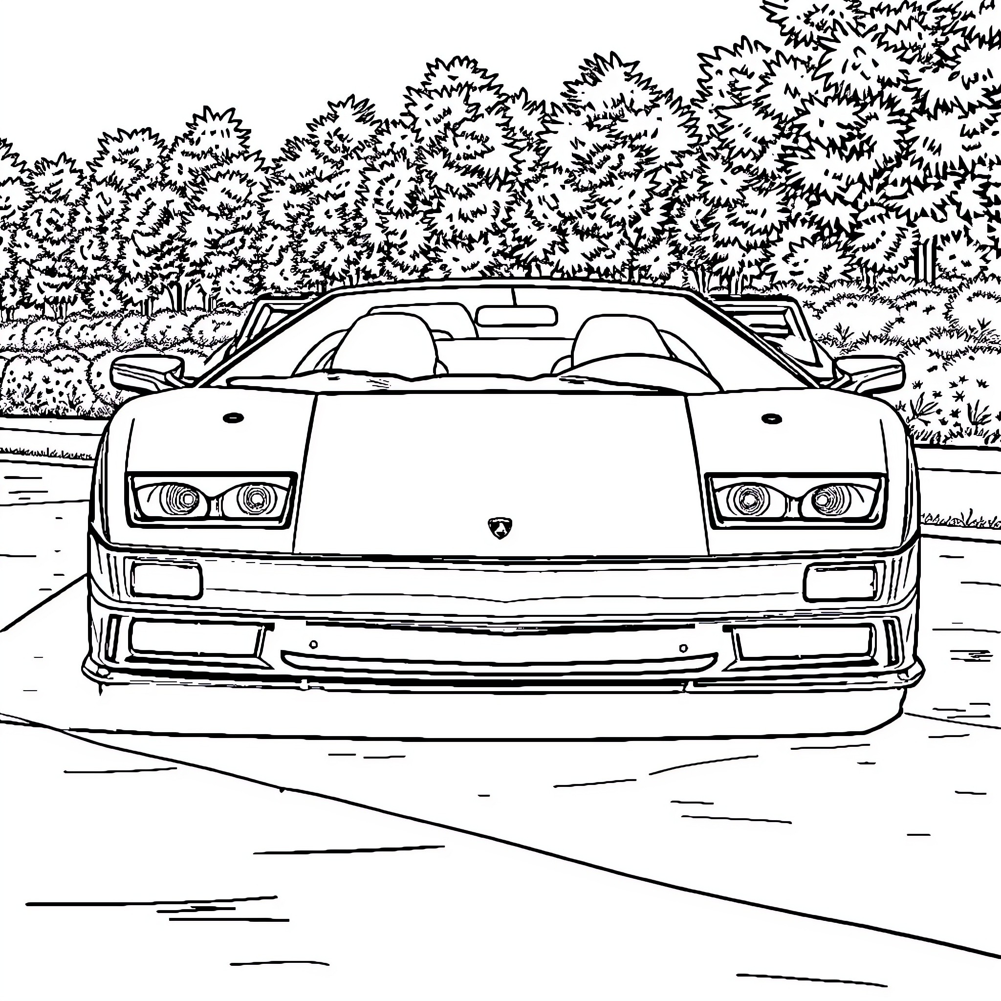 Lamborghini supercar speeding through scenic forest Coloring Page (free black-and-white line drawing printable PDF for all, from beginners to advanced learners, including children, teens, adults, and seniors)