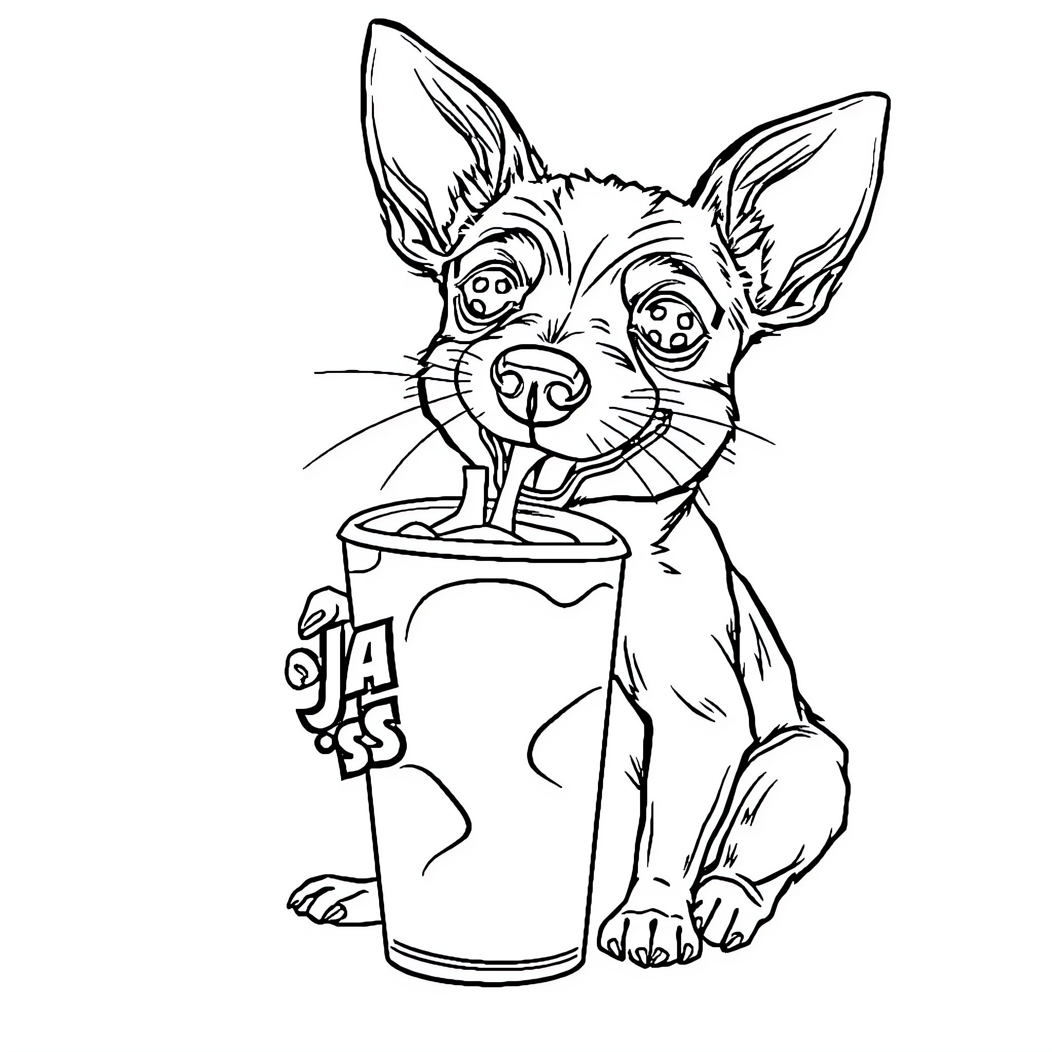 Rat Terrier enjoying a refreshing beverage Coloring Page (free black-and-white line drawing printable PDF for all, from beginners to advanced learners, including children, teens, adults, and seniors)