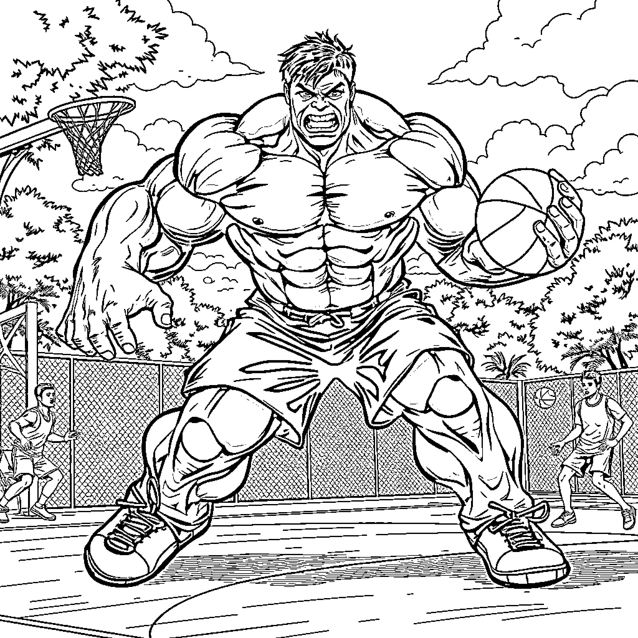 Hulk Unleashes Strength on the Basketball Court Coloring Page (free black-and-white line drawing printable PDF for all, from beginners to advanced learners, including children, teens, adults, and seniors)