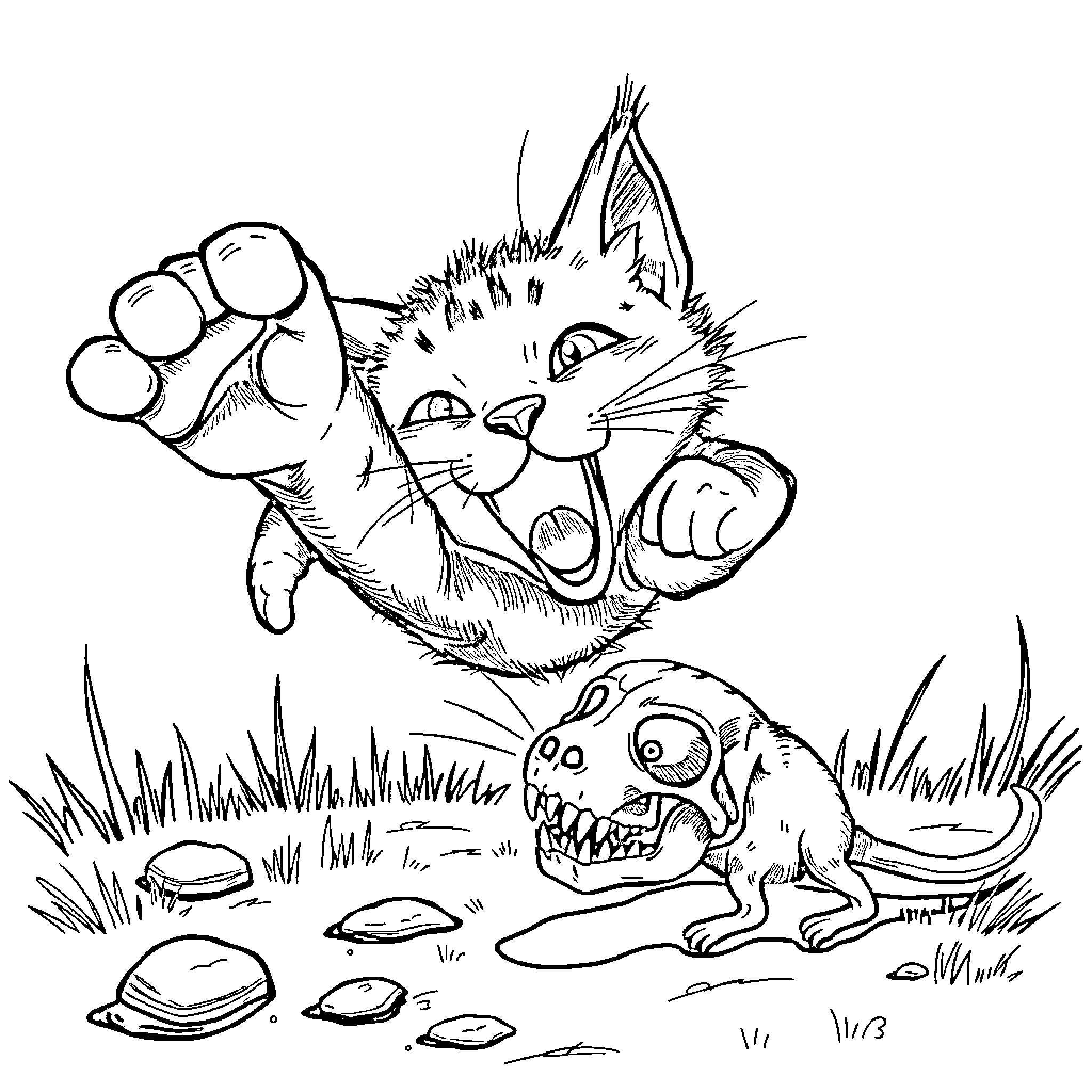 Cat attacking playful mouse in grassy field Coloring Page (free black-and-white line drawing printable PDF for all, from beginners to advanced learners, including children, teens, adults, and seniors)