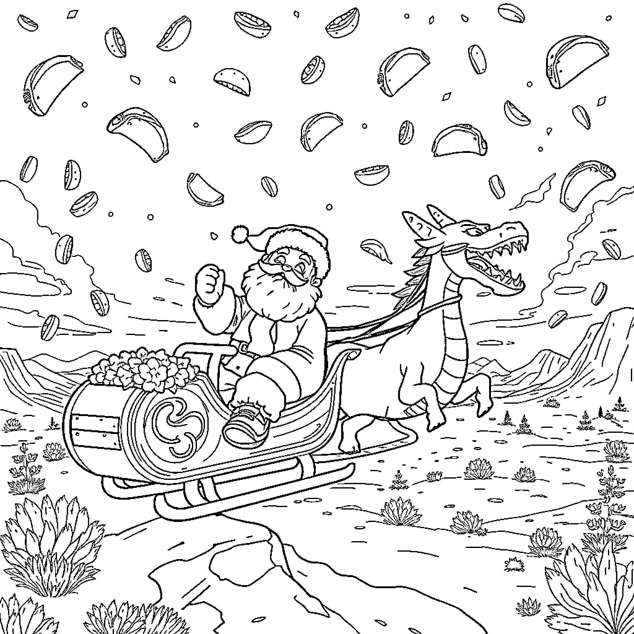 Dragon Santa delivering gifts in sleigh with dragon helper Coloring Page (free black-and-white line drawing printable PDF for all, from beginners to advanced learners, including children, teens, adults, and seniors)