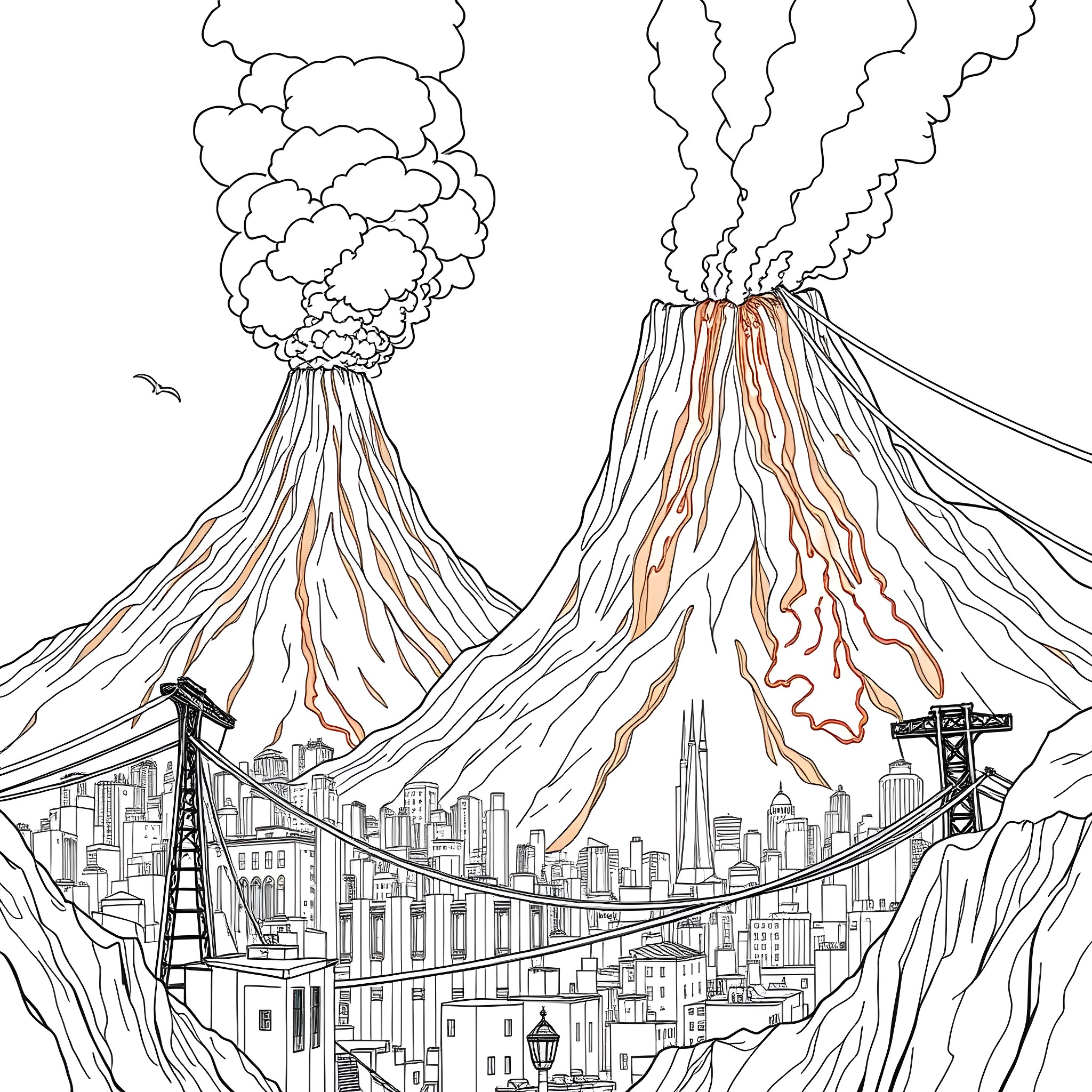 Volcano erupting over city skyline Coloring Page (free black-and-white line drawing printable PDF for all, from beginners to advanced learners, including children, teens, adults, and seniors)