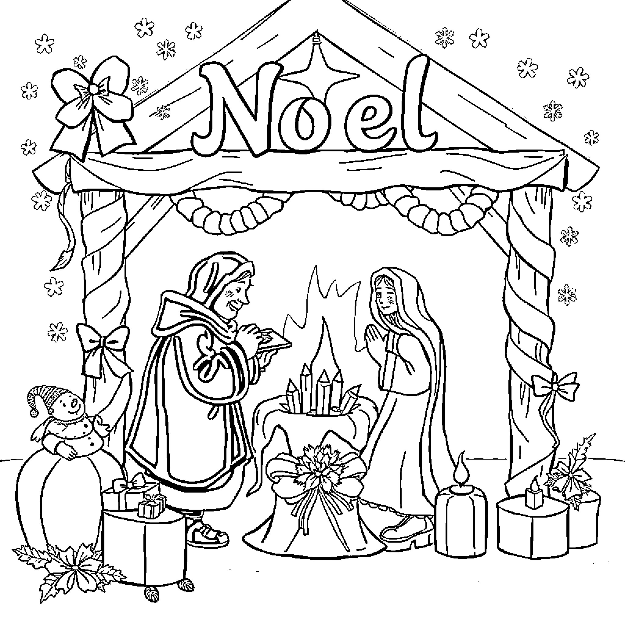 Noel characters celebrating Christmas with decorations Coloring Page (free black-and-white line drawing printable PDF for all, from beginners to advanced learners, including children, teens, adults, and seniors)