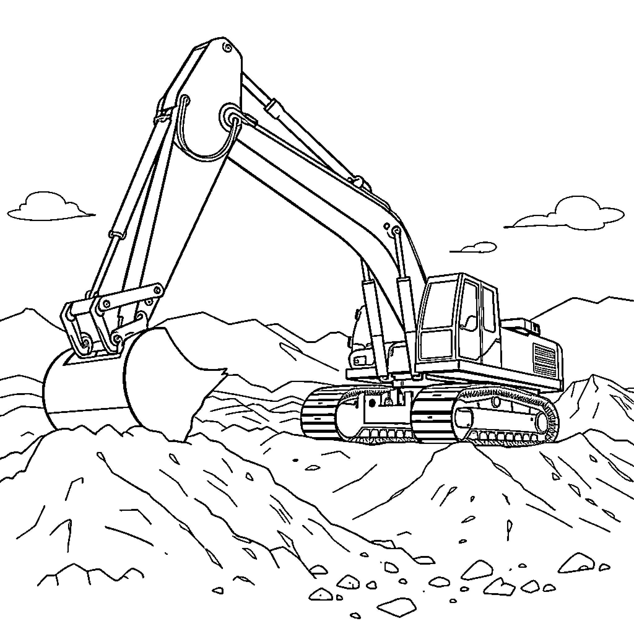 Excavator working on a construction site Coloring Page (free black-and-white line drawing printable PDF for all, from beginners to advanced learners, including children, teens, adults, and seniors)