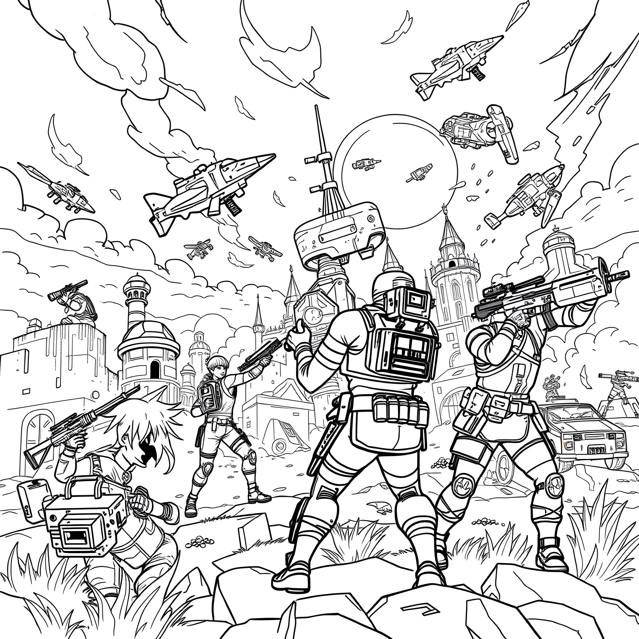 Fortnite Characters in Battle Royale Action Coloring Page (free black-and-white line drawing printable PDF for all, from beginners to advanced learners, including children, teens, adults, and seniors)