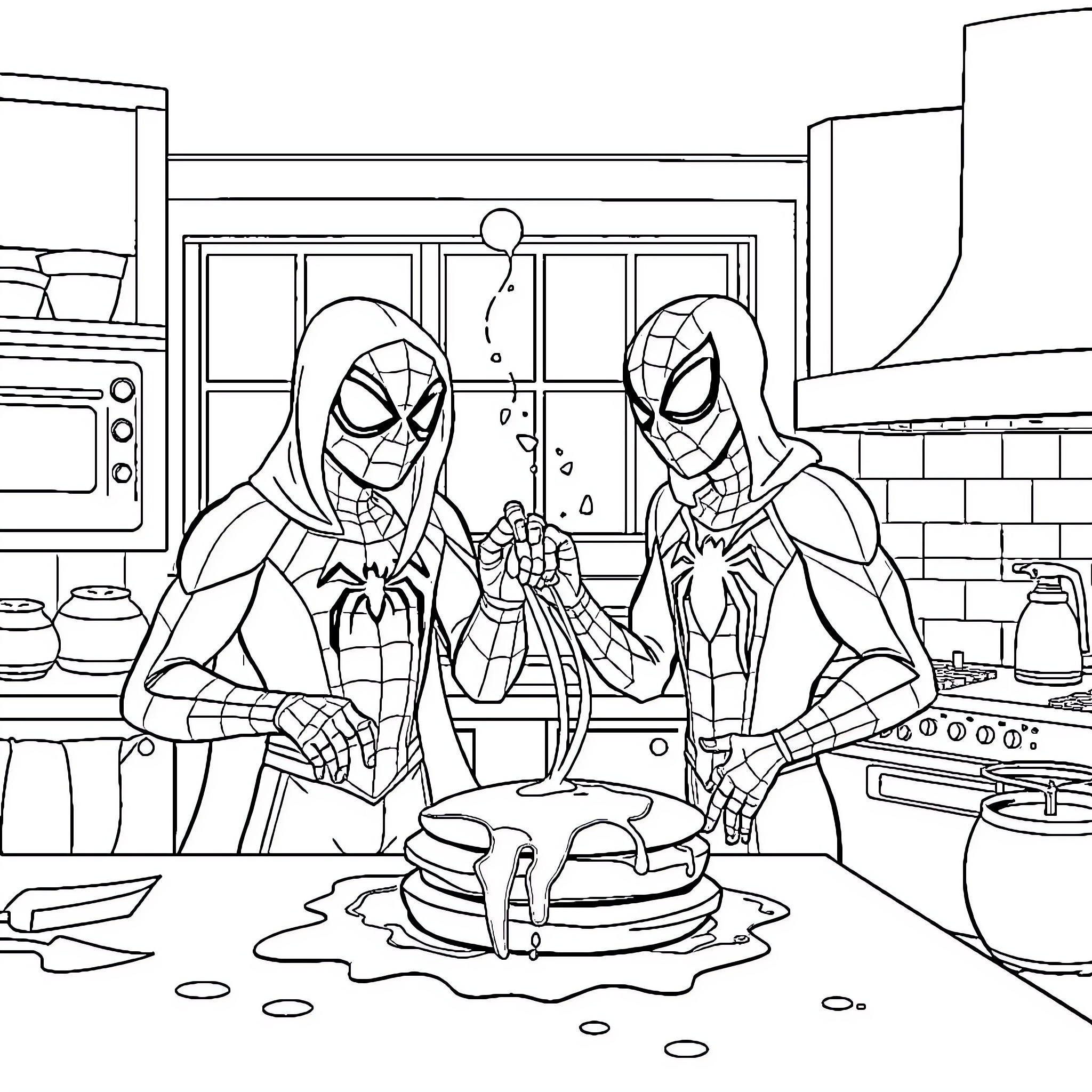 Spider Heroes Cooking Together in the Kitchen Coloring Page (free black-and-white line drawing printable PDF for all, from beginners to advanced learners, including children, teens, adults, and seniors)