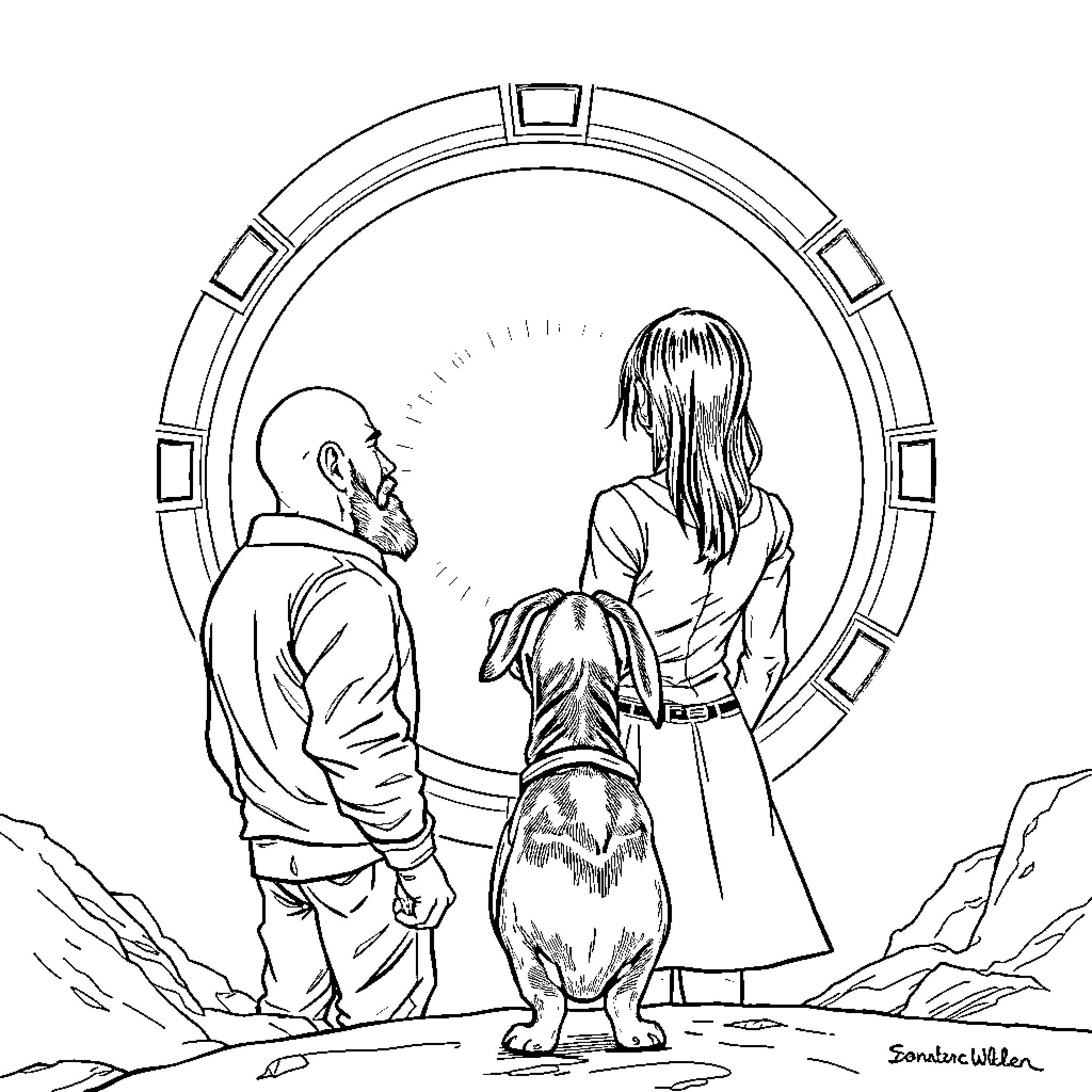 Man and Woman Gazing at Distant Horizon Coloring Page (free black-and-white line drawing printable PDF for all, from beginners to advanced learners, including children, teens, adults, and seniors)