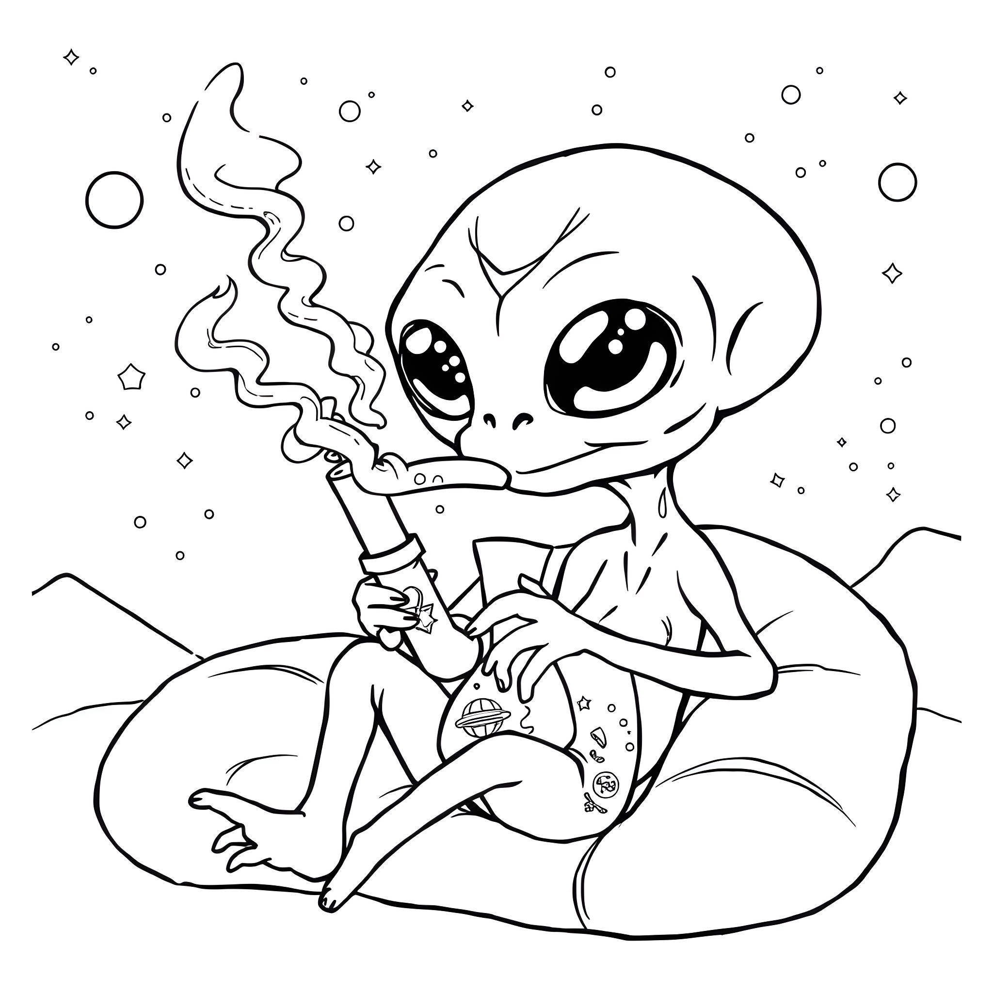 Alien creature smoking in the cosmic landscape Coloring Page (free black-and-white line drawing printable PDF for all, from beginners to advanced learners, including children, teens, adults, and seniors)