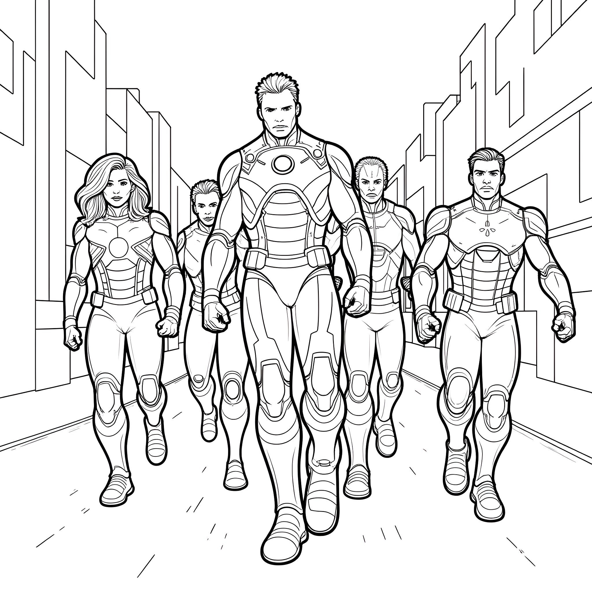 Iron Man and his superhero team walking together Coloring Page (free black-and-white line drawing printable PDF for all, from beginners to advanced learners, including children, teens, adults, and seniors)