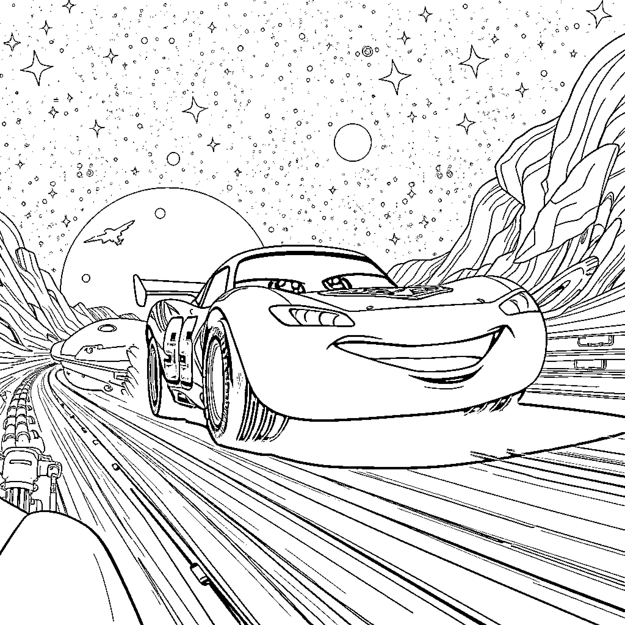 Lightning McQueen racing through the starry night Coloring Page (free black-and-white line drawing printable PDF for all, from beginners to advanced learners, including children, teens, adults, and seniors)