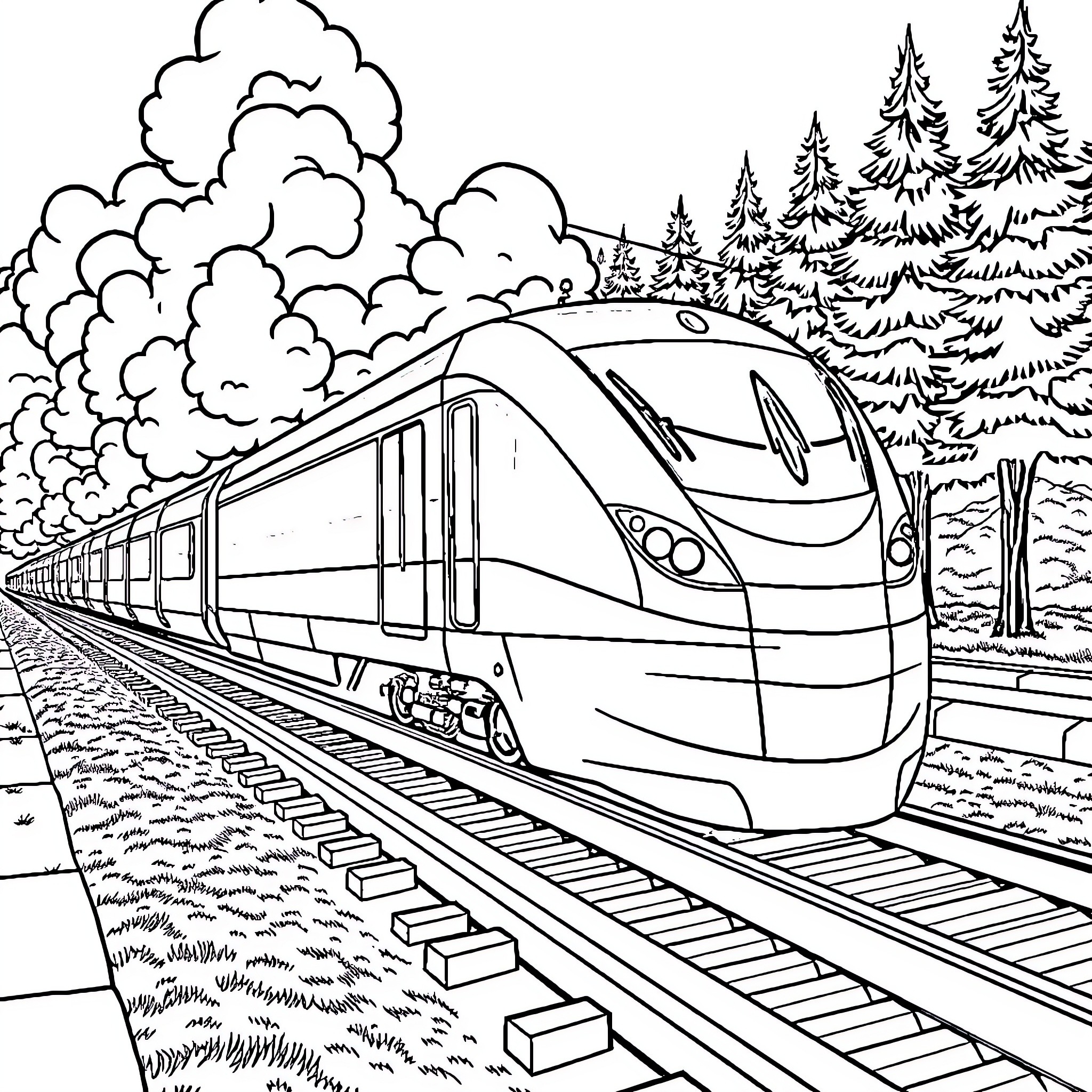 Train Speeding Through Snowy Landscape Coloring Page (free black-and-white line drawing printable PDF for all, from beginners to advanced learners, including children, teens, adults, and seniors)