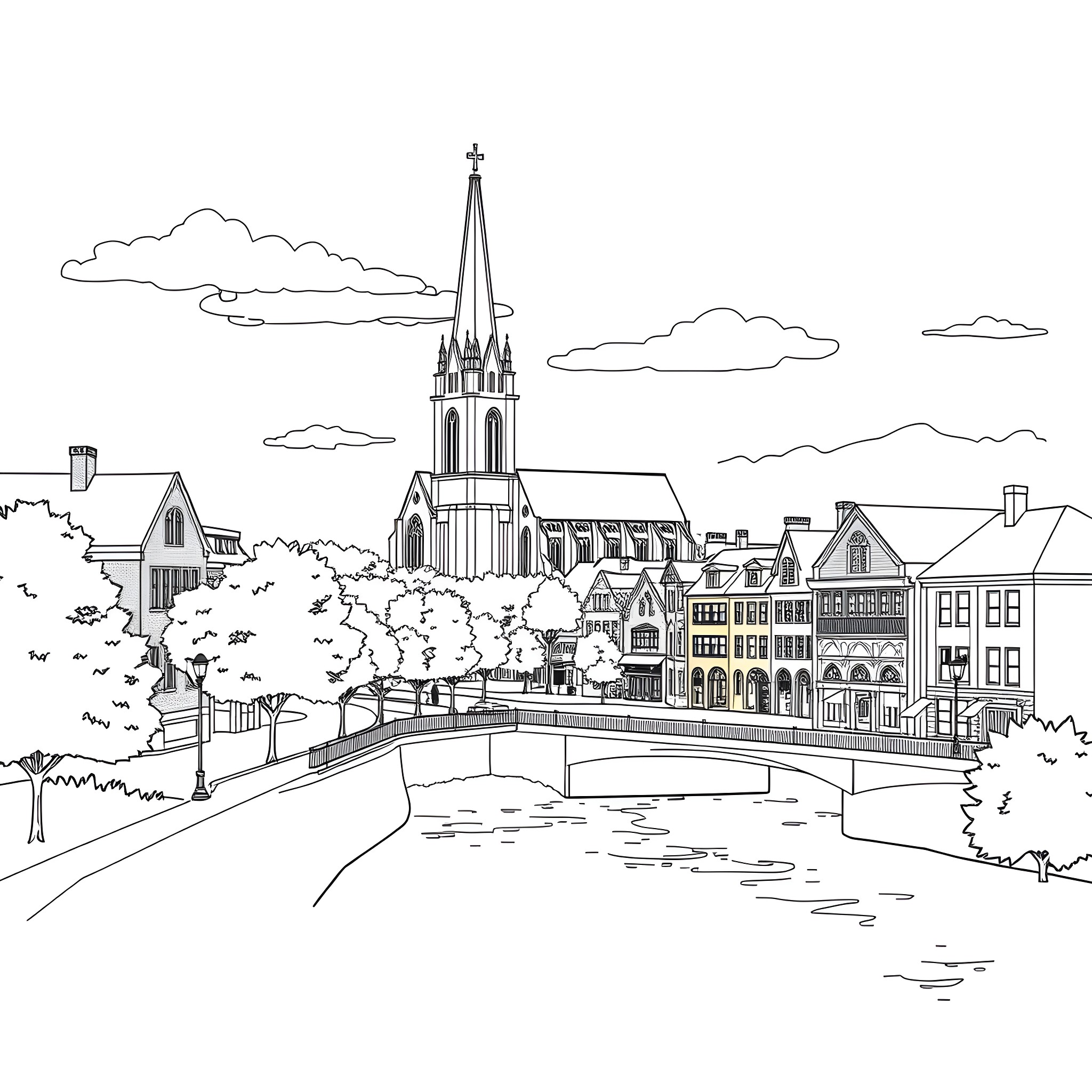 Guelph's Charming Cityscape with Historic Cathedral Coloring Page (free black-and-white line drawing printable PDF for all, from beginners to advanced learners, including children, teens, adults, and seniors)