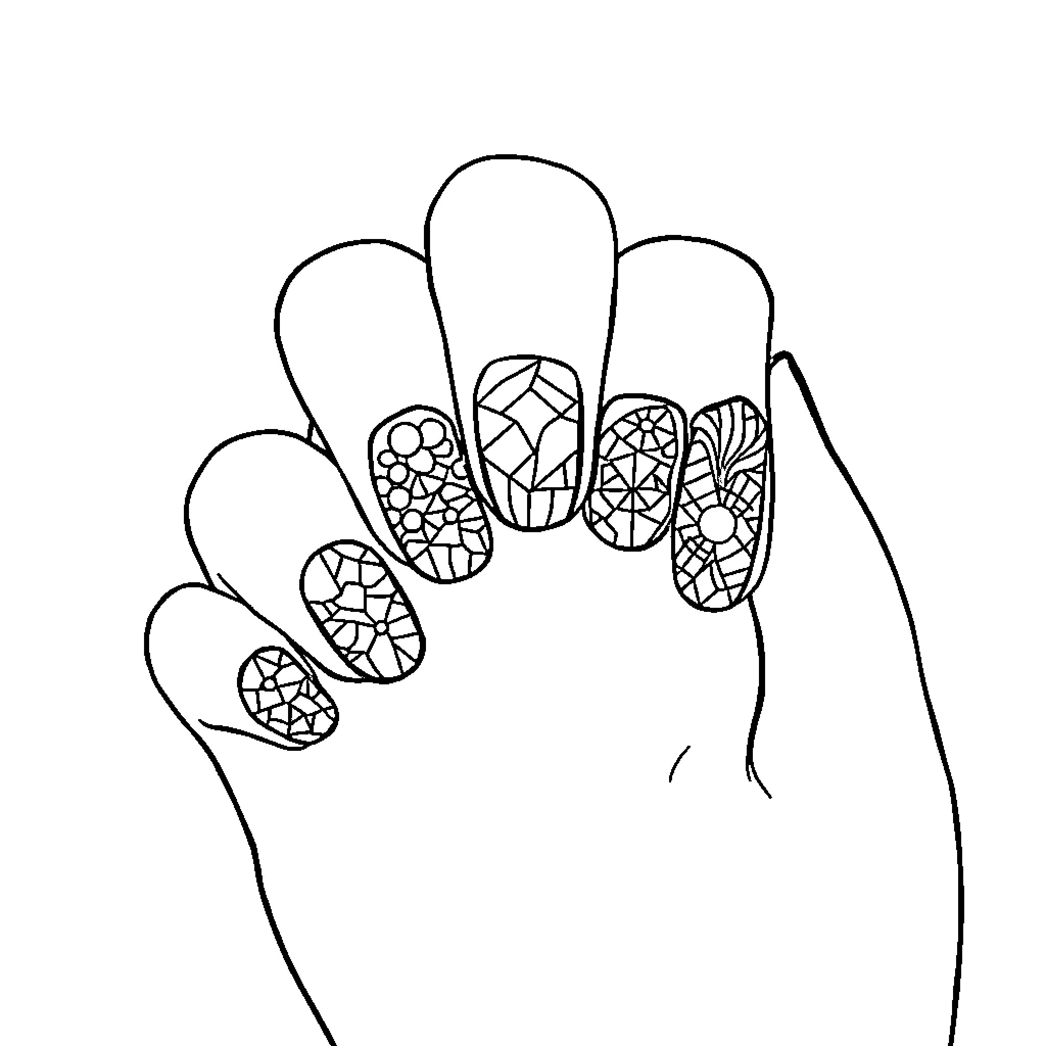 Nail art designs on fingers Coloring Page (free black-and-white line drawing printable PDF for all, from beginners to advanced learners, including children, teens, adults, and seniors)