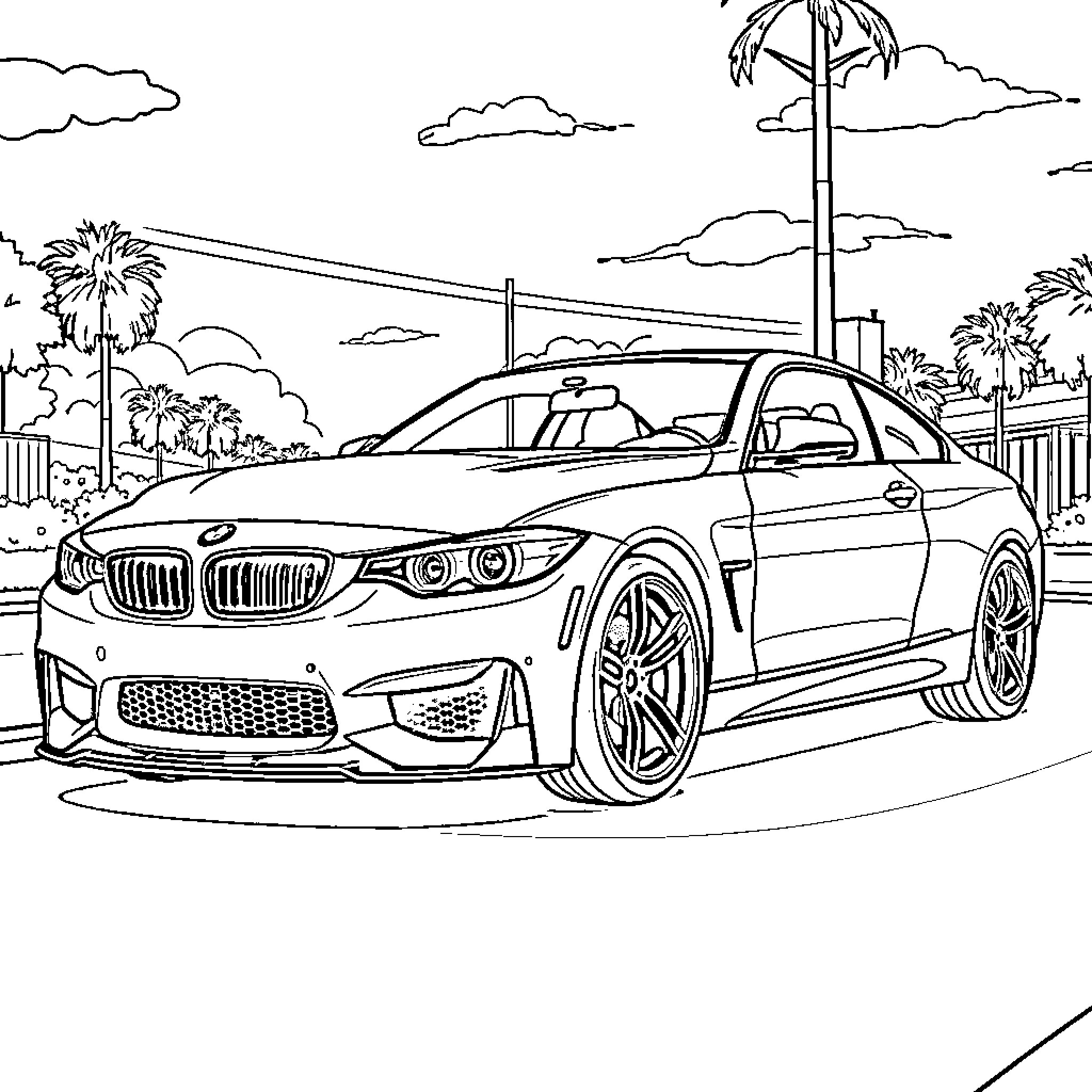 BMW sports car on a scenic road Coloring Page (free black-and-white line drawing printable PDF for all, from beginners to advanced learners, including children, teens, adults, and seniors)
