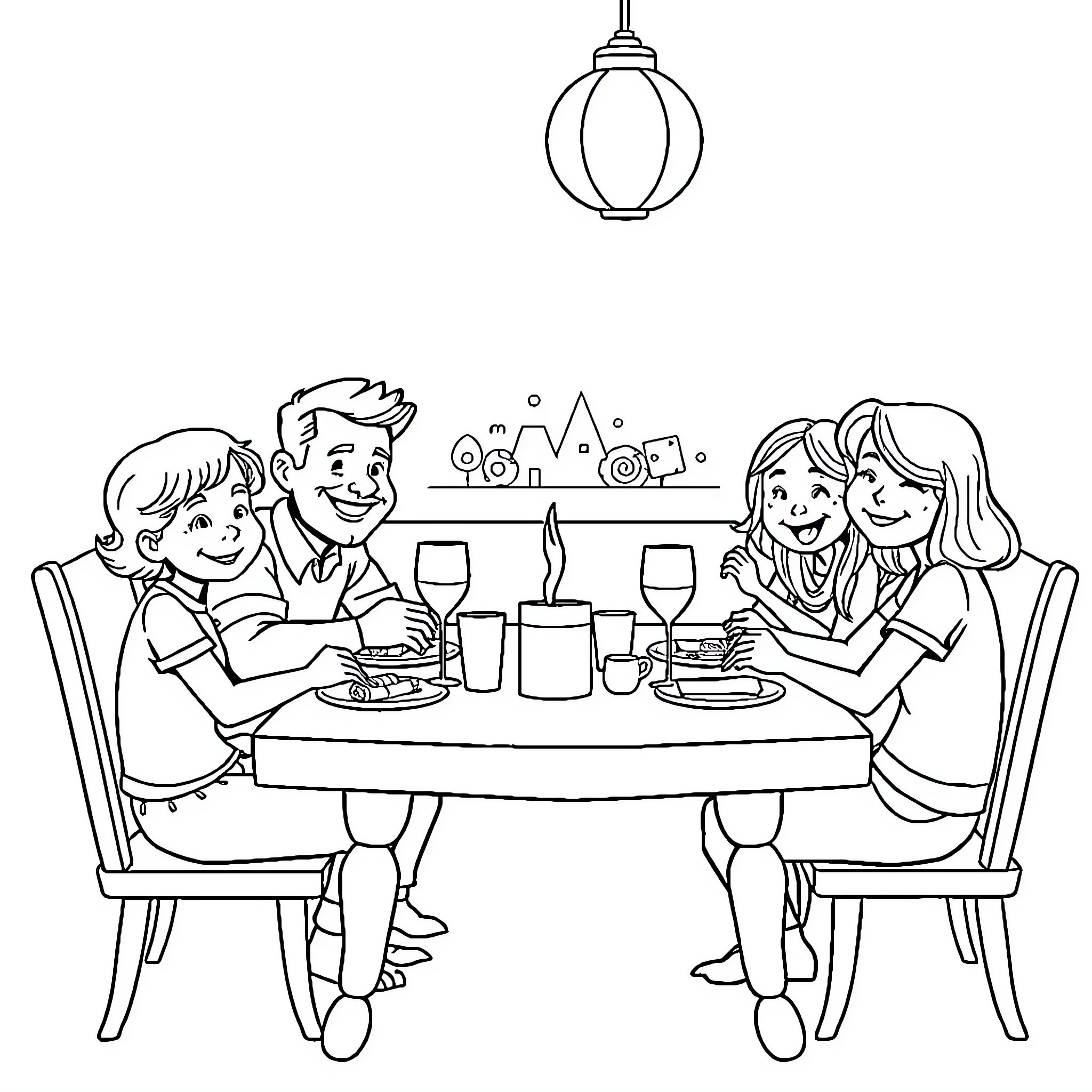 Family enjoying a meal together at the table Coloring Page (free black-and-white line drawing printable PDF for all, from beginners to advanced learners, including children, teens, adults, and seniors)