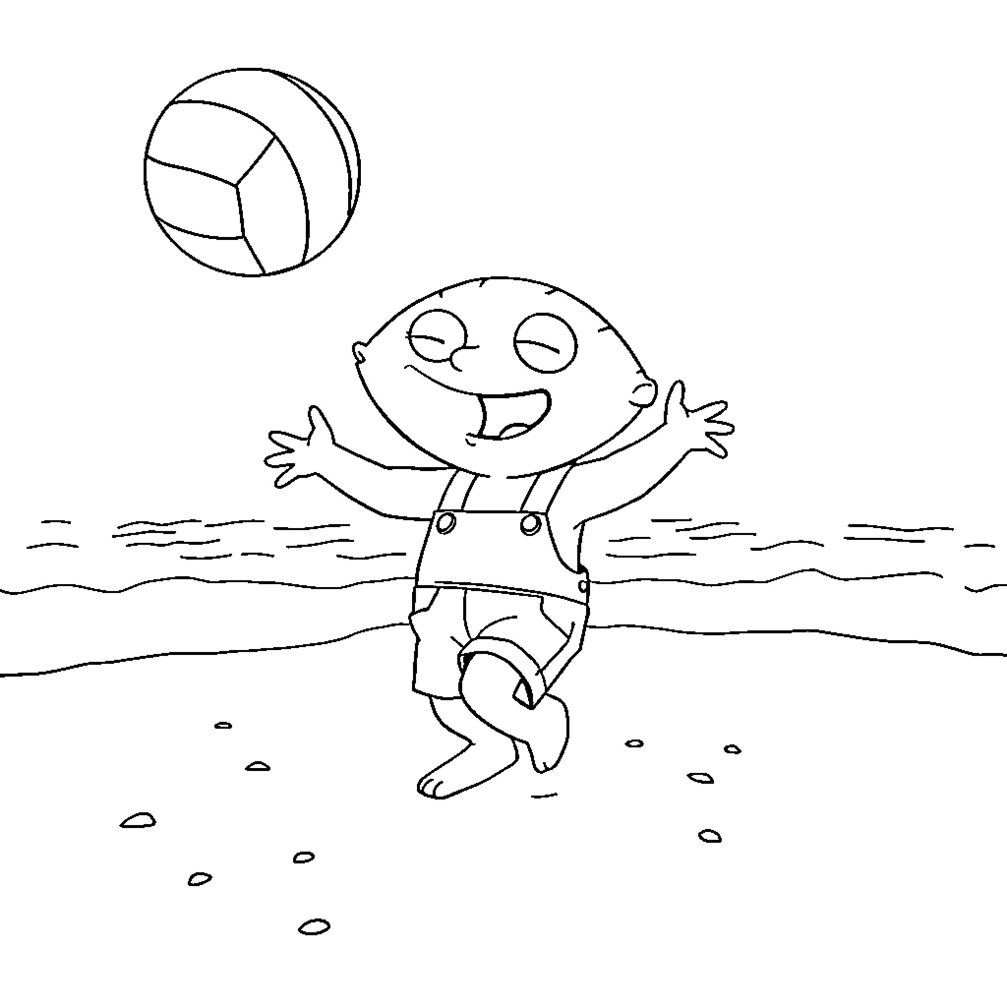 Stewie Griffin playing joyfully with a beach ball Coloring Page (free black-and-white line drawing printable PDF for all, from beginners to advanced learners, including children, teens, adults, and seniors)
