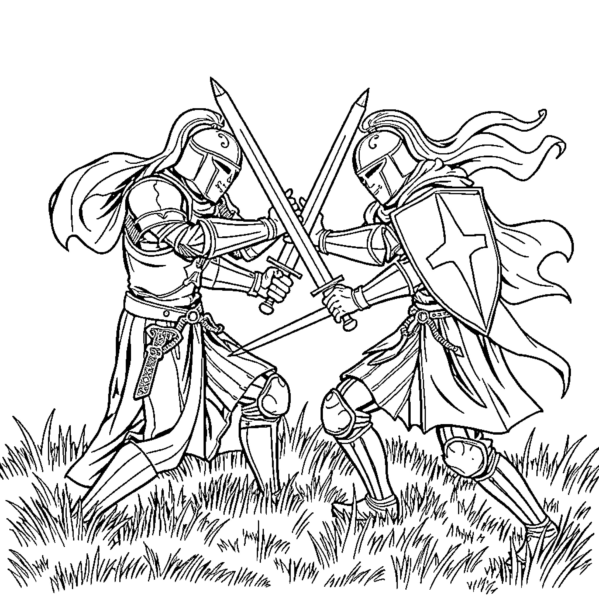 Knight Warriors Clashing in Epic Battle Coloring Page (free black-and-white line drawing printable PDF for all, from beginners to advanced learners, including children, teens, adults, and seniors)