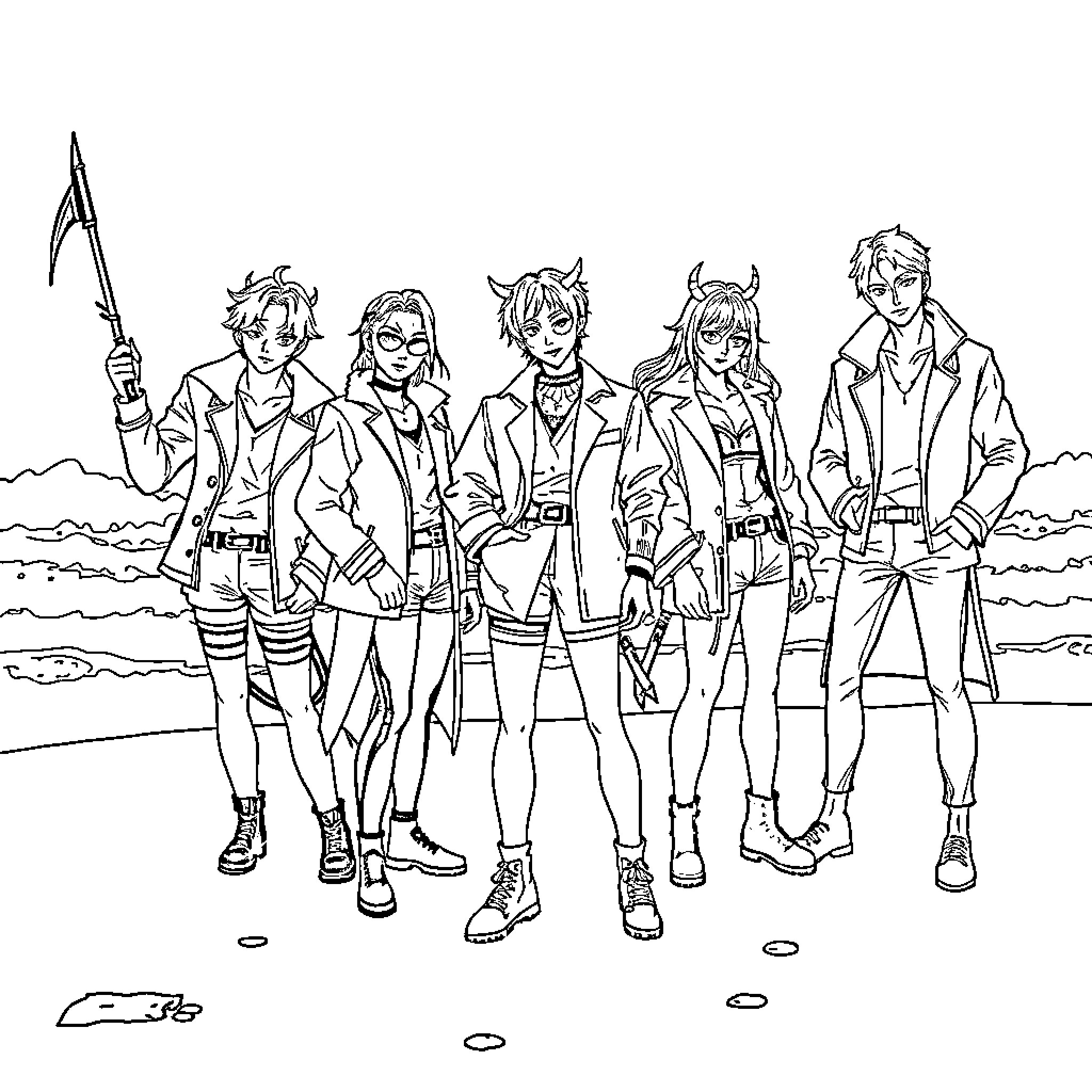 Demon Hunters in Action on the Battlefield Coloring Page (free black-and-white line drawing printable PDF for all, from beginners to advanced learners, including children, teens, adults, and seniors)