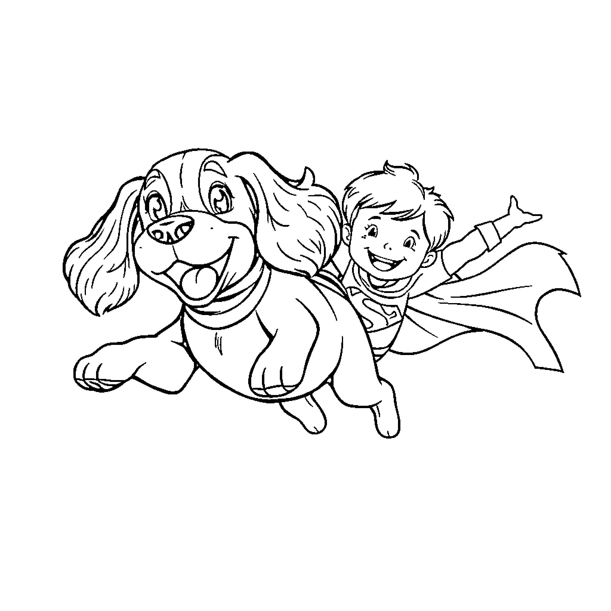 Cocker Spaniel playing joyfully with child Coloring Page (free black-and-white line drawing printable PDF for all, from beginners to advanced learners, including children, teens, adults, and seniors)