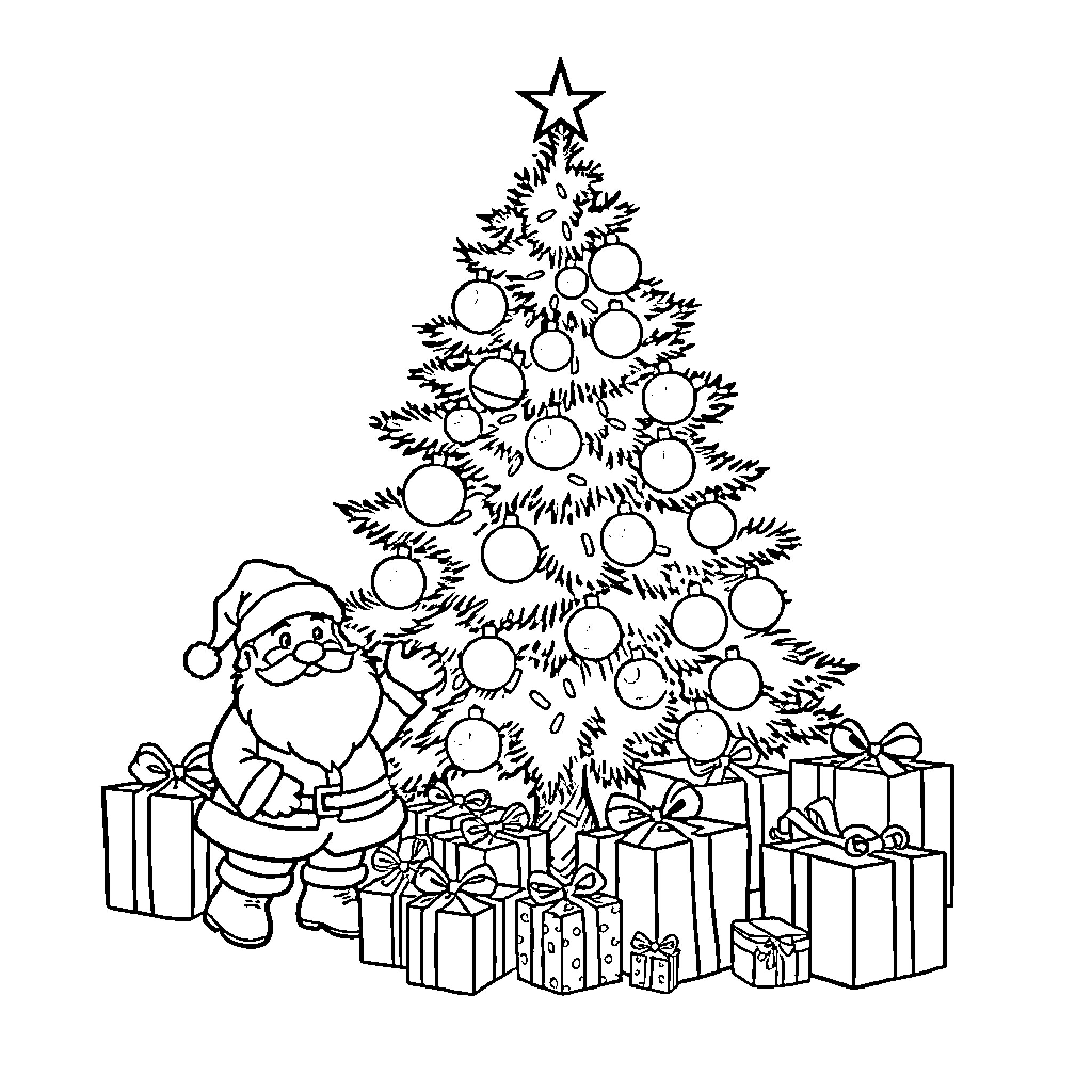 Christmas Tree Decorated with Ornaments and Gifts Coloring Page (free black-and-white line drawing printable PDF for all, from beginners to advanced learners, including children, teens, adults, and seniors)