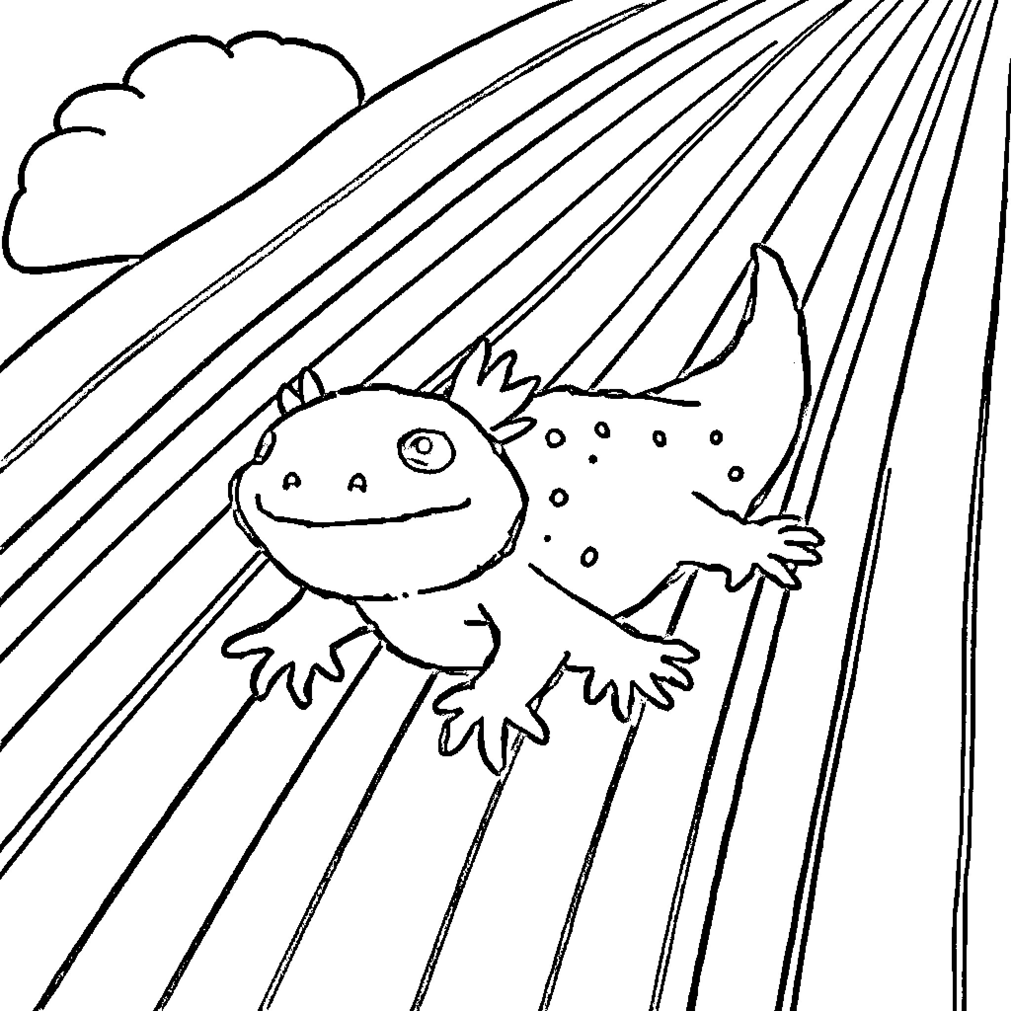 Axolotl swimming happily in sunlight Coloring Page (free black-and-white line drawing printable PDF for all, from beginners to advanced learners, including children, teens, adults, and seniors)