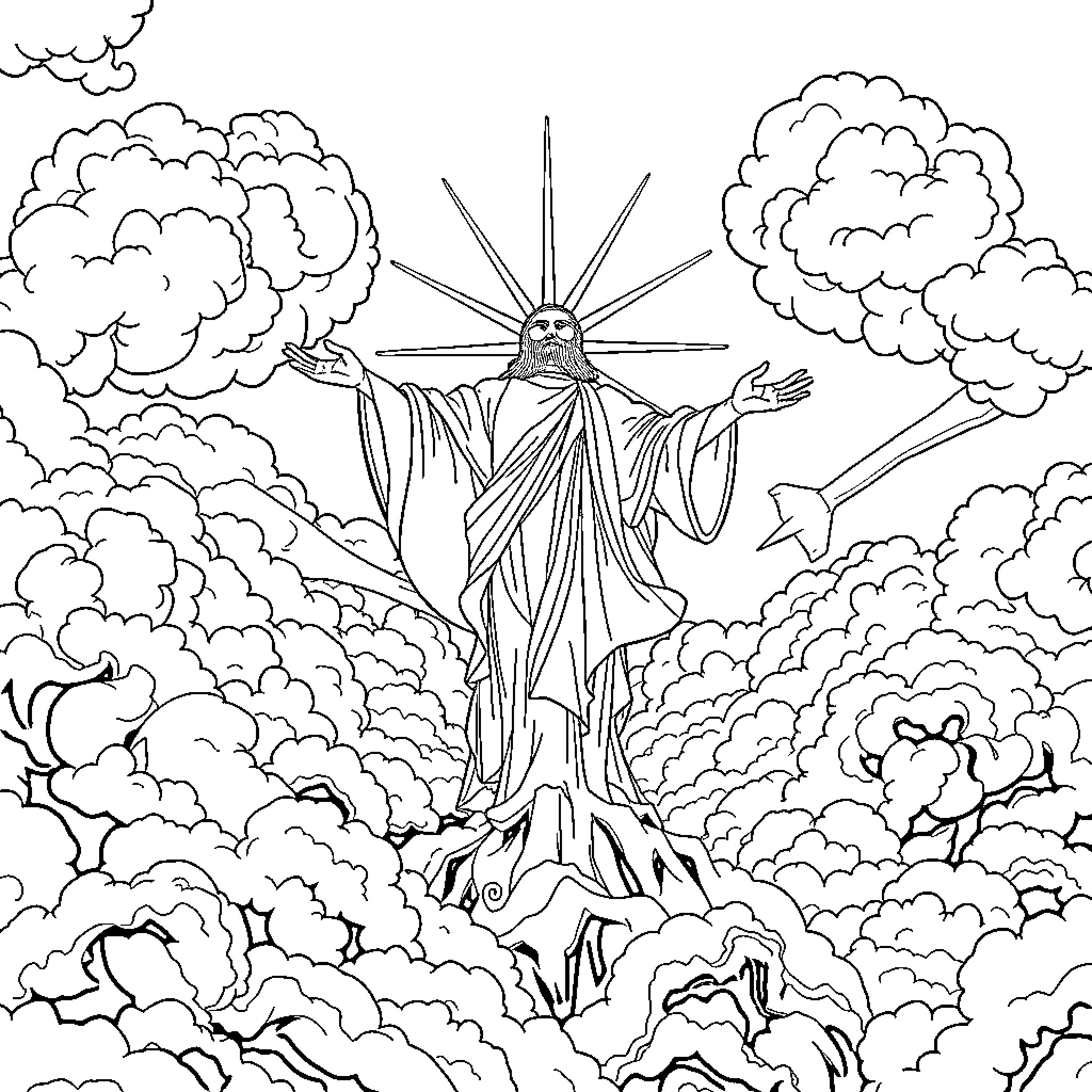 God reigning over celestial clouds Coloring Page (free black-and-white line drawing printable PDF for all, from beginners to advanced learners, including children, teens, adults, and seniors)