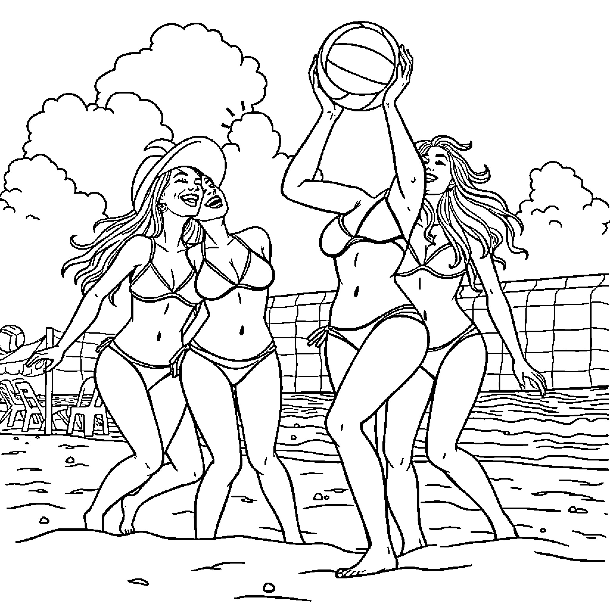 Girls playing volleyball on the beach Coloring Page (free black-and-white line drawing printable PDF for all, from beginners to advanced learners, including children, teens, adults, and seniors)