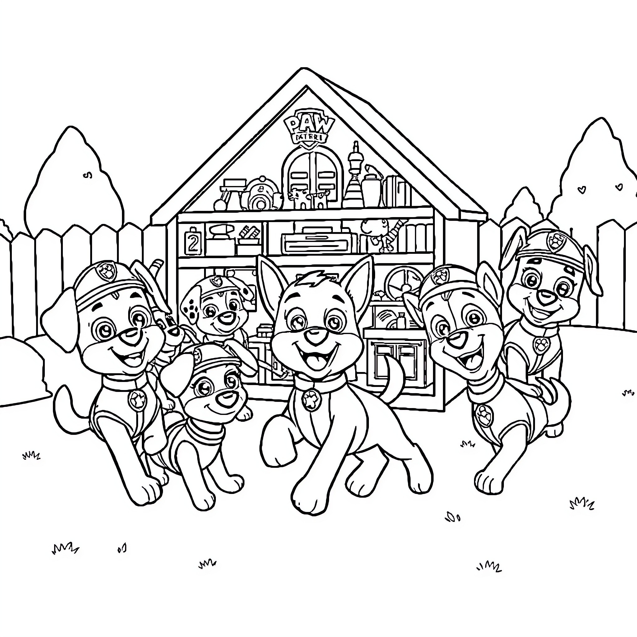 Dollhouse with Playful Pups Coloring Page (free black-and-white line drawing printable PDF for all, from beginners to advanced learners, including children, teens, adults, and seniors)