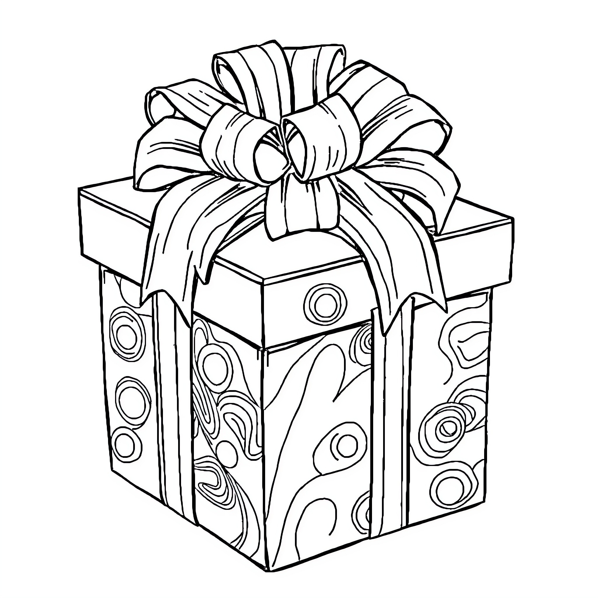 Present wrapped box with decorative bow Coloring Page (free black-and-white line drawing printable PDF for all, from beginners to advanced learners, including children, teens, adults, and seniors)