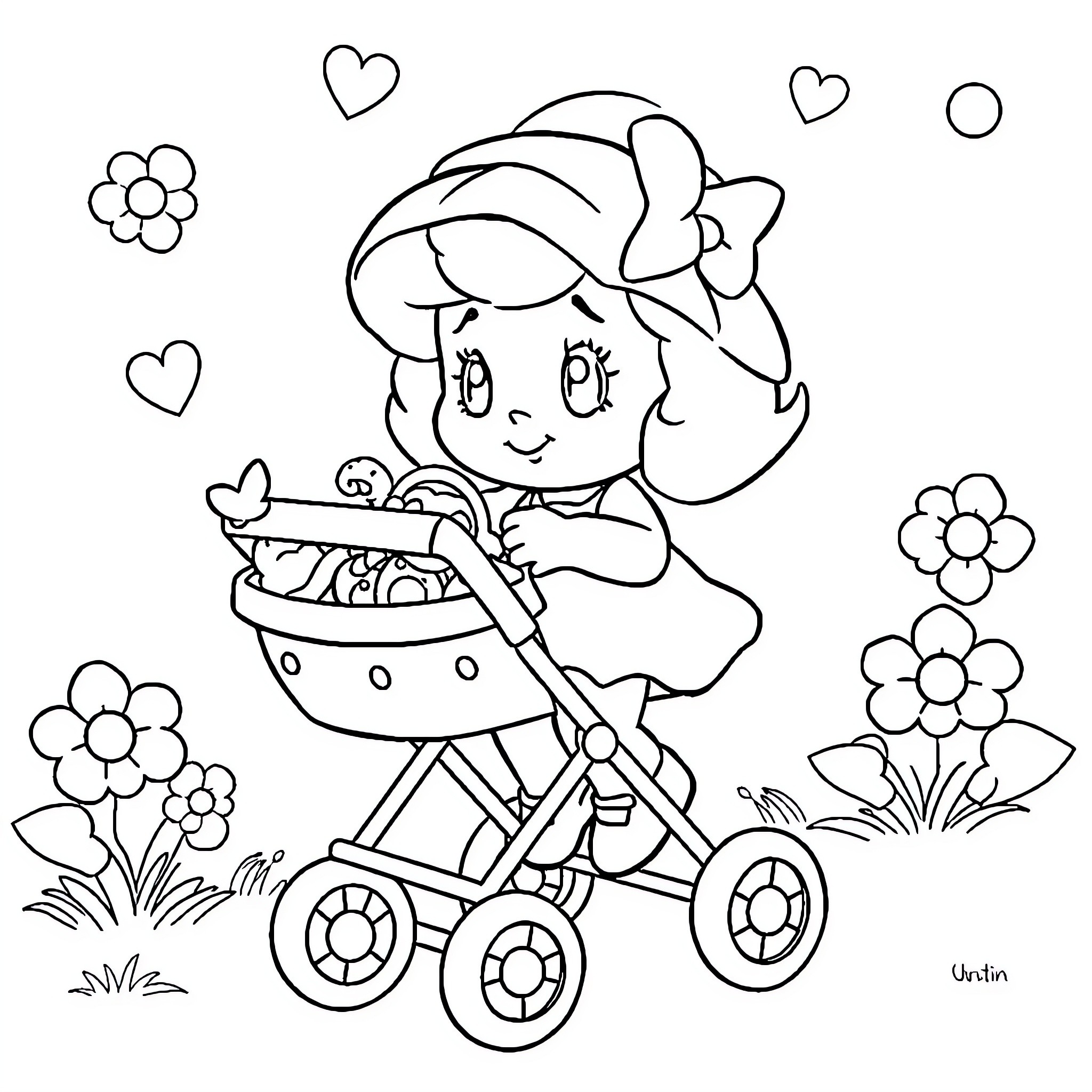Strawberry Shortcake pushing a baby carriage with flowers Coloring Page (free black-and-white line drawing printable PDF for all, from beginners to advanced learners, including children, teens, adults, and seniors)