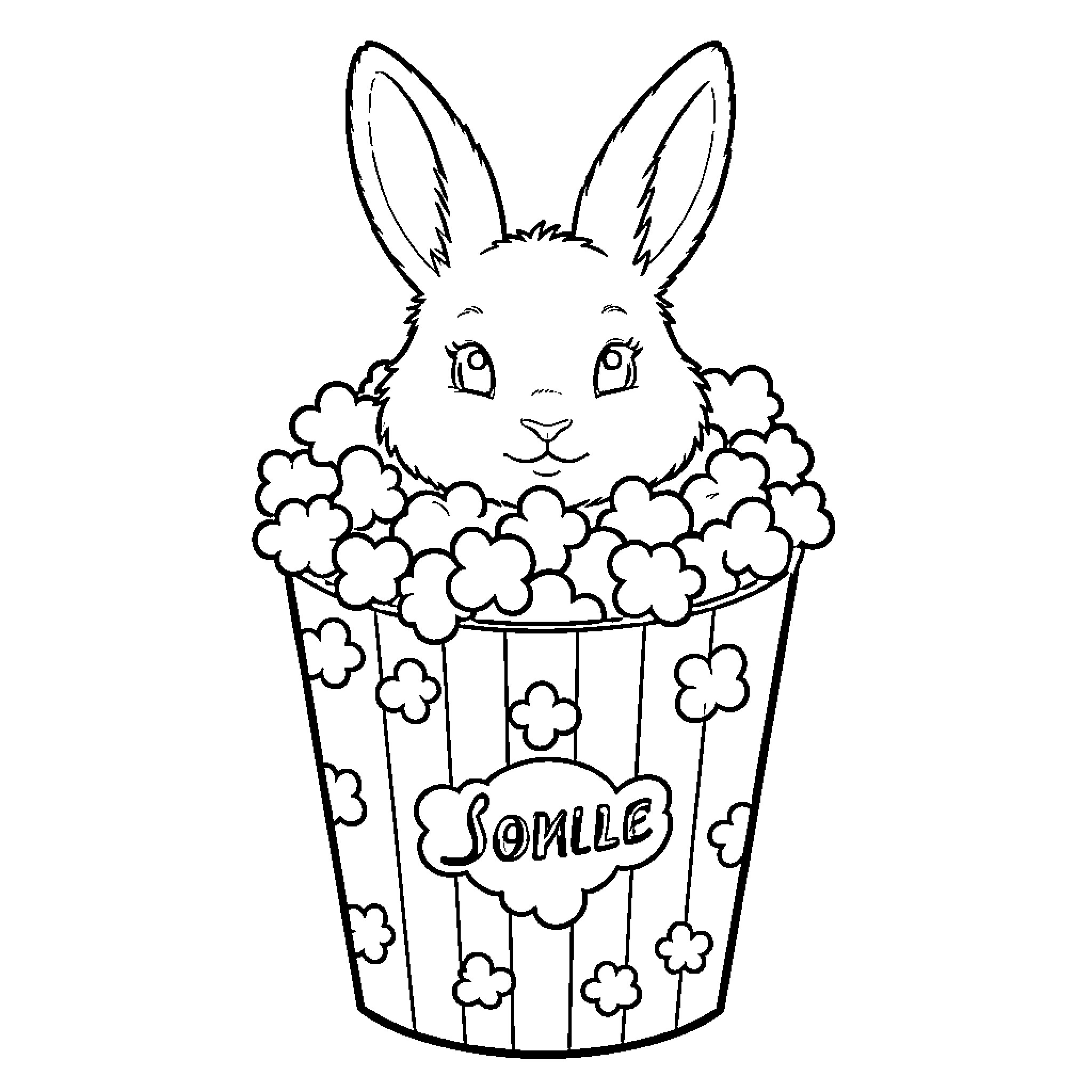 Bunny peeking out of a flowery container Coloring Page (free black-and-white line drawing printable PDF for all, from beginners to advanced learners, including children, teens, adults, and seniors)